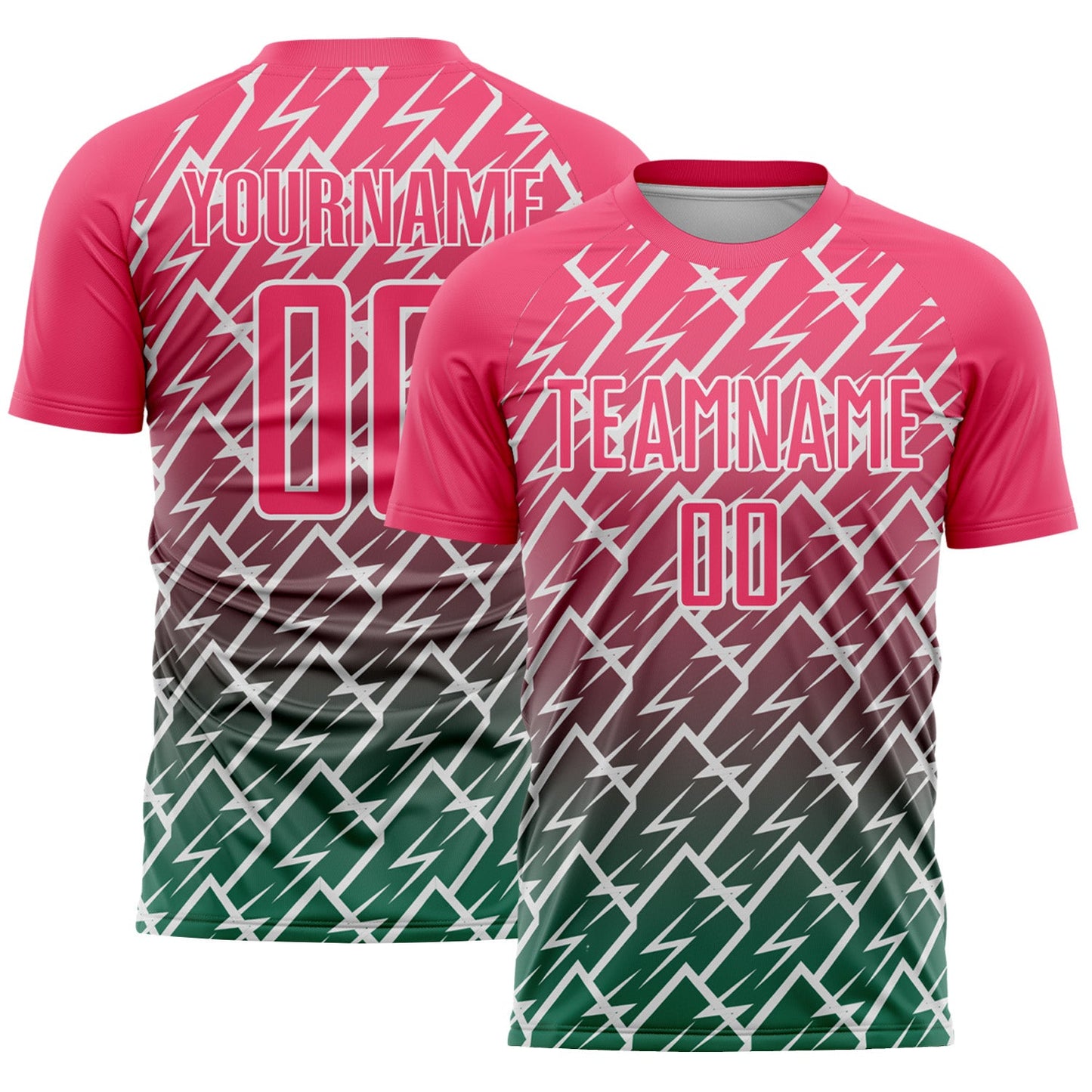 Custom Neon Pink Kelly Green-White Lightning Sports Sublimation Soccer Uniform Jersey - Main View