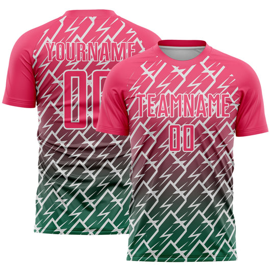 Custom Neon Pink Kelly Green-White Lightning Sports Sublimation Soccer Uniform Jersey - Main View