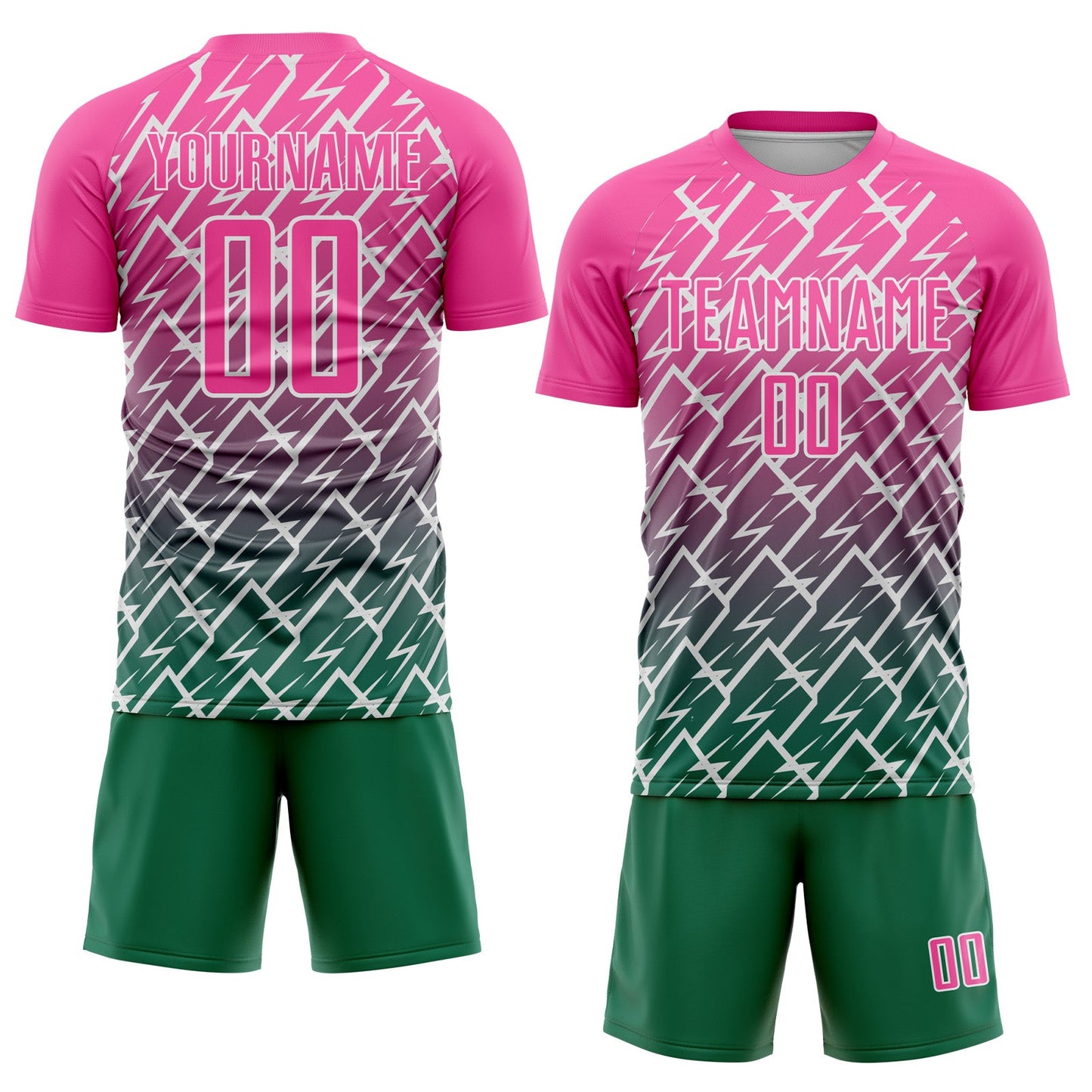 Custom Pink Kelly Green-White Lightning Sports Sublimation Soccer Uniform Jersey view 2
