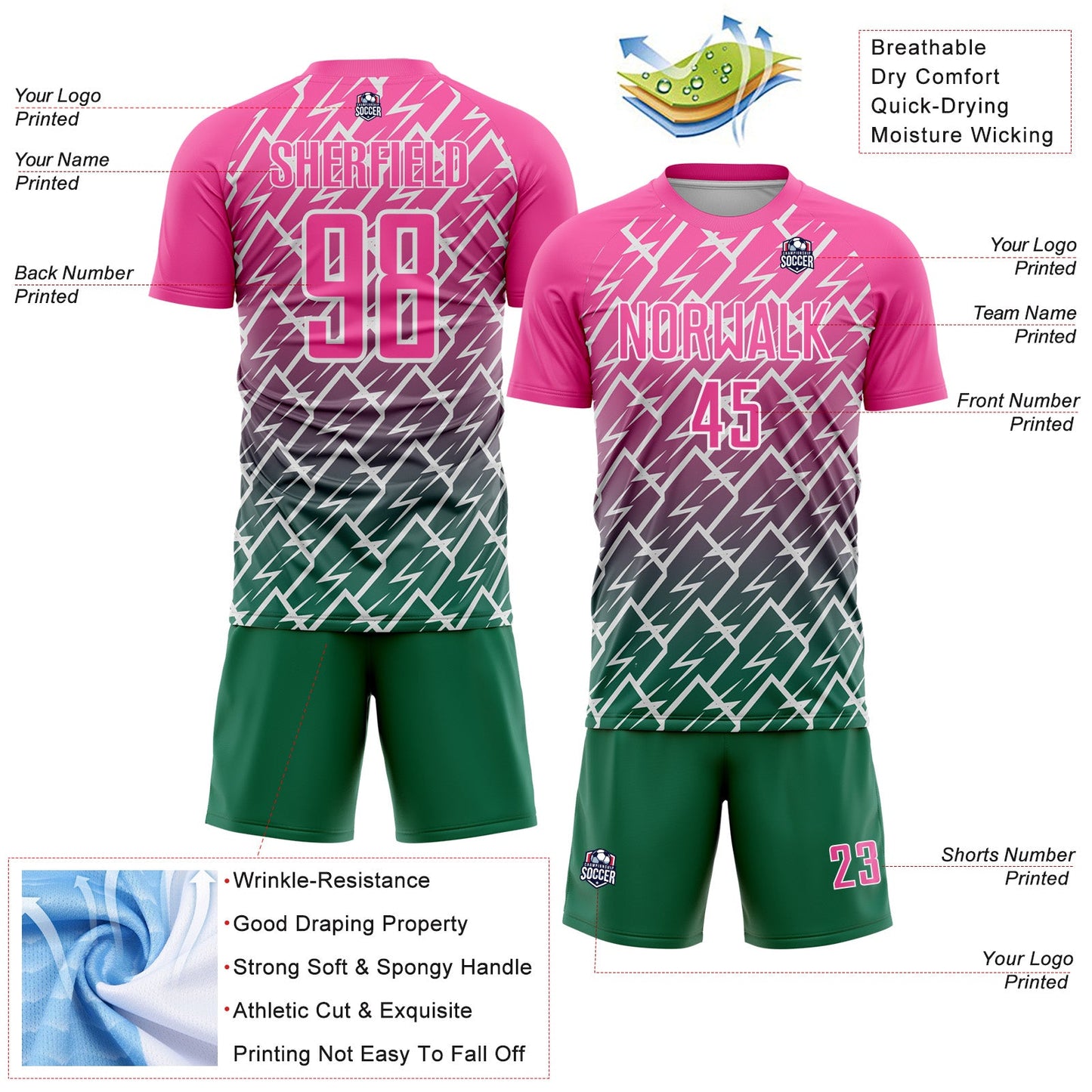 Custom Pink Kelly Green-White Lightning Sports Sublimation Soccer Uniform Jersey view 4