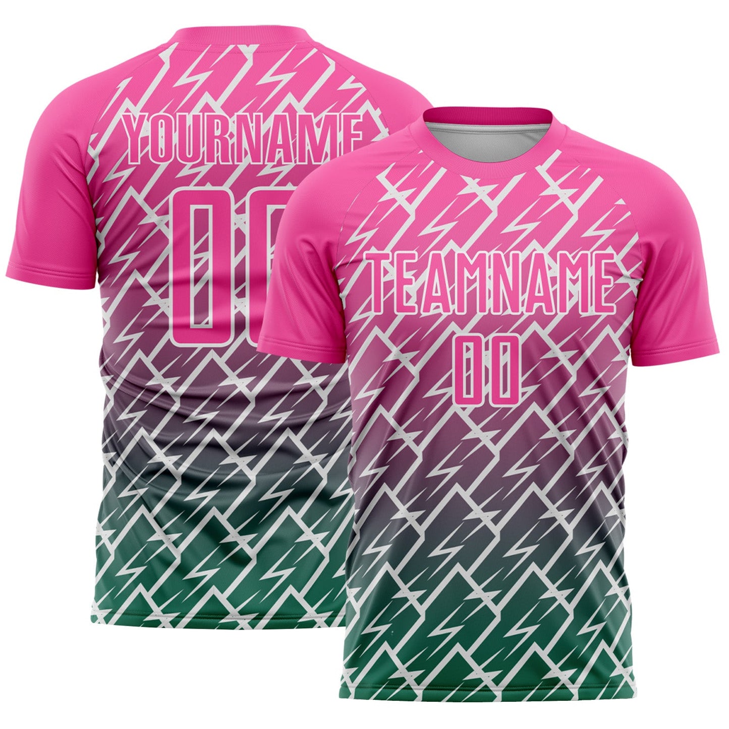 Custom Pink Kelly Green-White Lightning Sports Sublimation Soccer Uniform Jersey - Main View