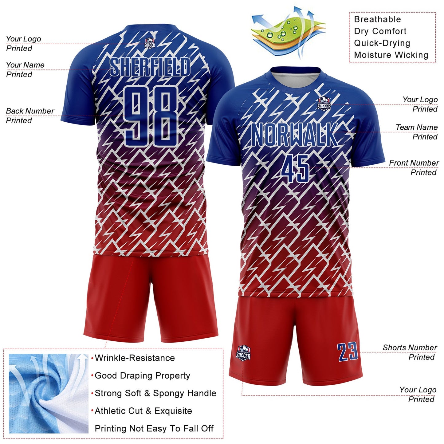 Custom Royal Red-White Lightning Sports Sublimation Soccer Uniform Jersey view 4