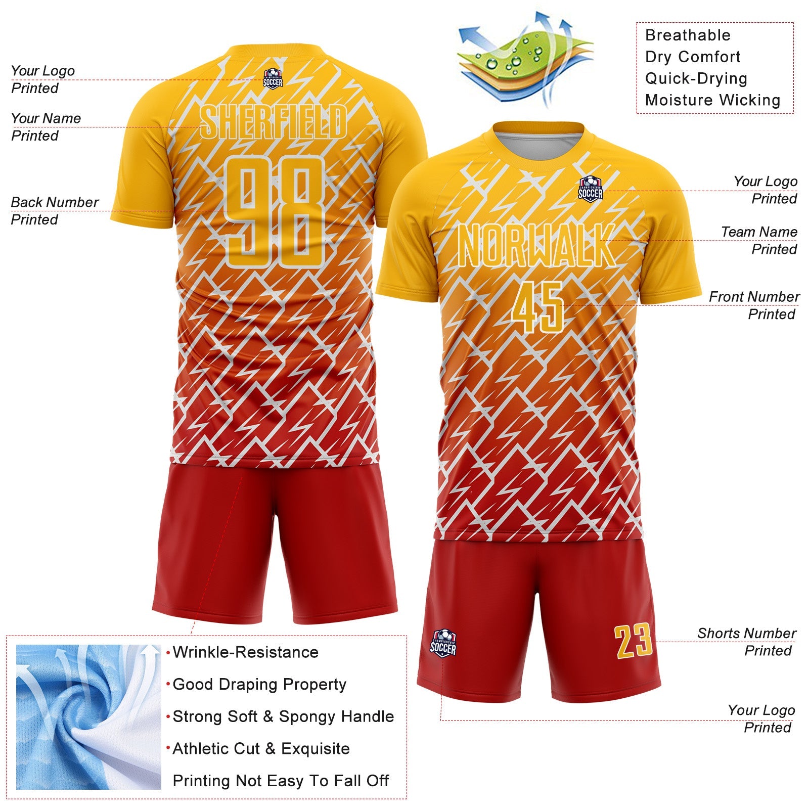 Custom Gold Red-White Lightning Sports Sublimation Soccer Uniform Jersey view 4