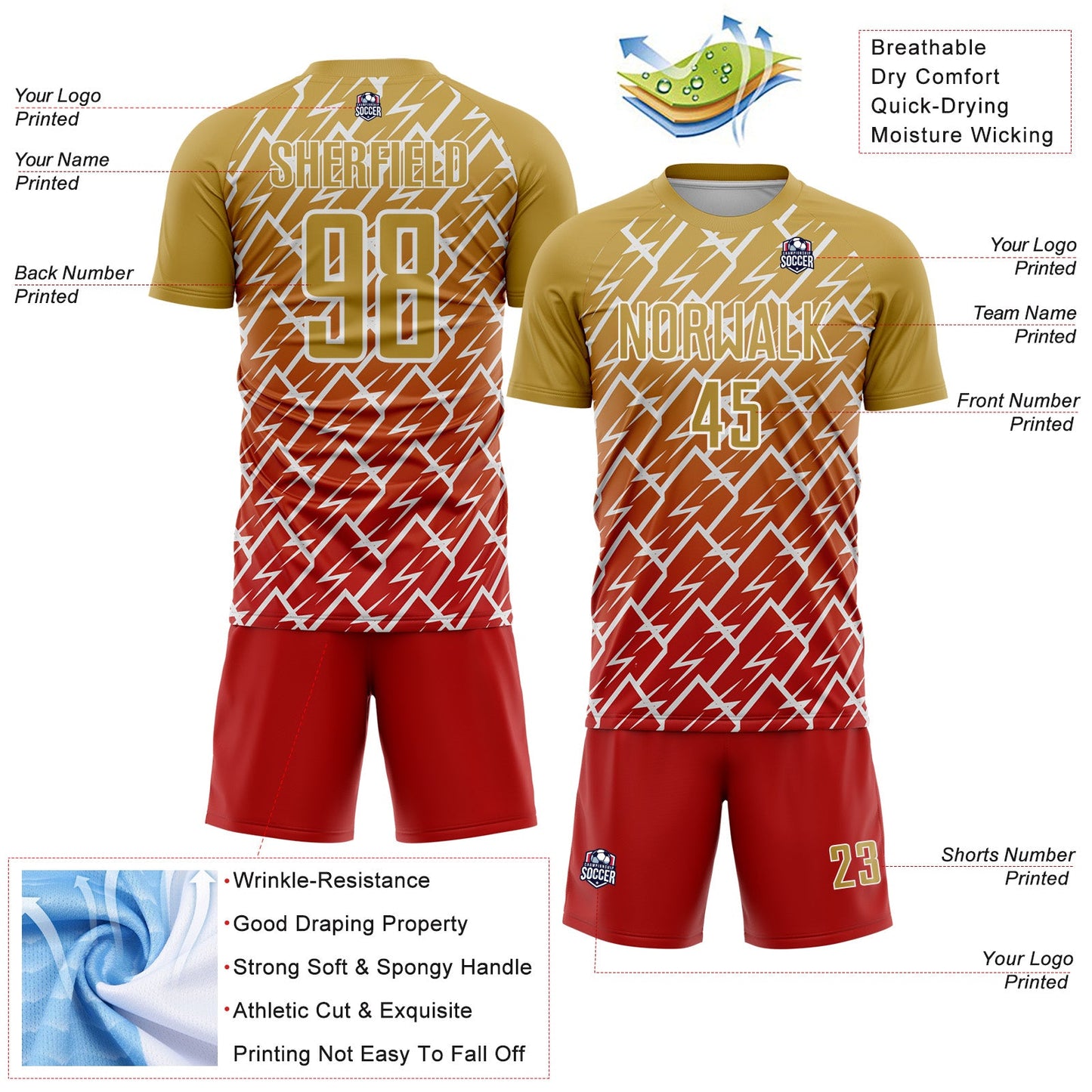 Custom Old Gold Red-White Lightning Sports Sublimation Soccer Uniform Jersey view 4