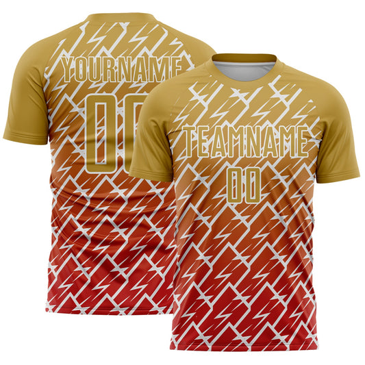 Custom Old Gold Red-White Lightning Sports Sublimation Soccer Uniform Jersey - Main View