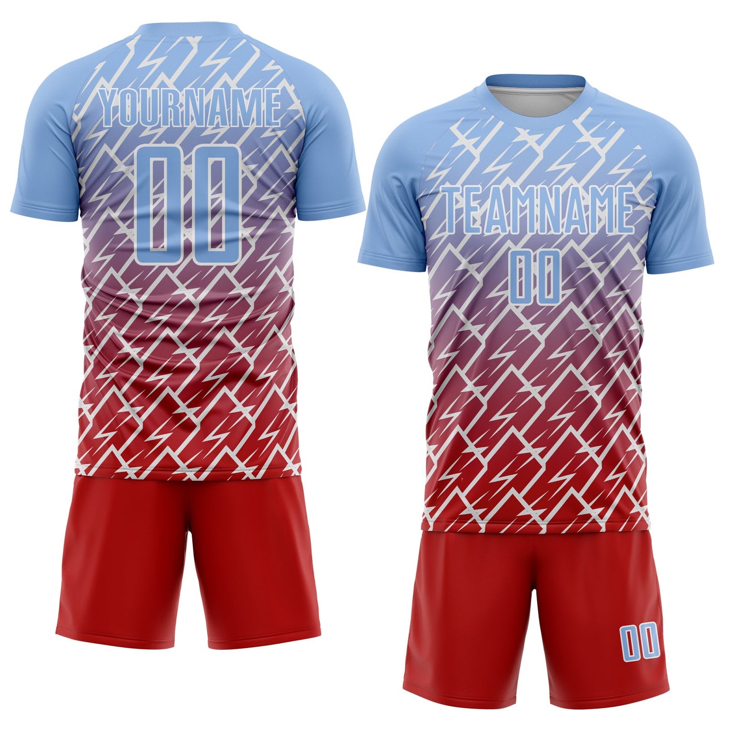Custom Light Blue Red-White Lightning Sports Sublimation Soccer Uniform Jersey view 2