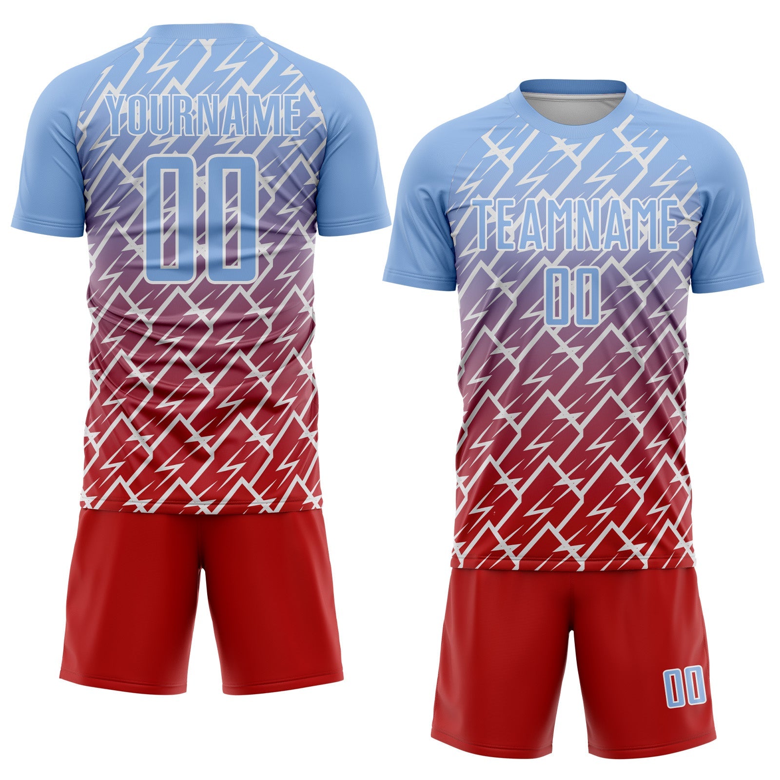 Custom Light Blue Red-White Lightning Sports Sublimation Soccer Uniform Jersey view 2
