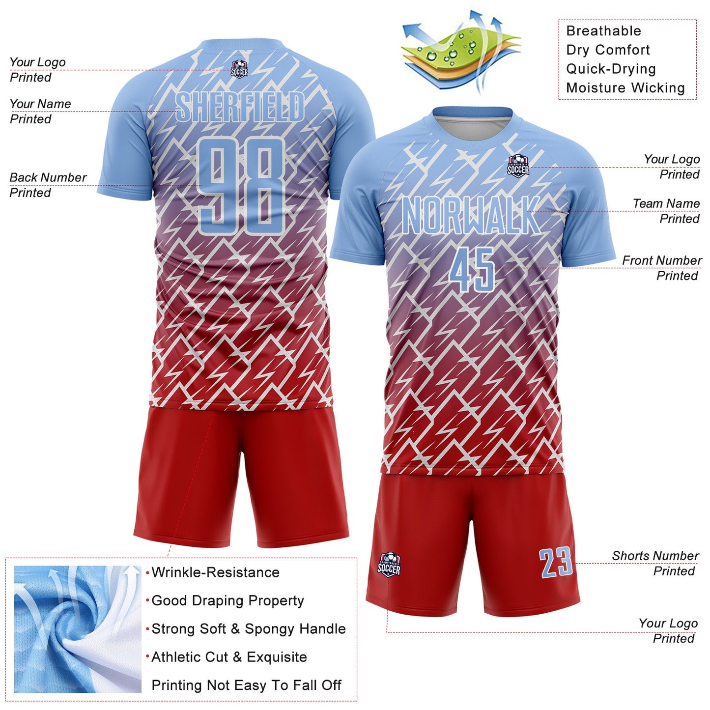 Custom Light Blue Red-White Lightning Sports Sublimation Soccer Uniform Jersey view 4