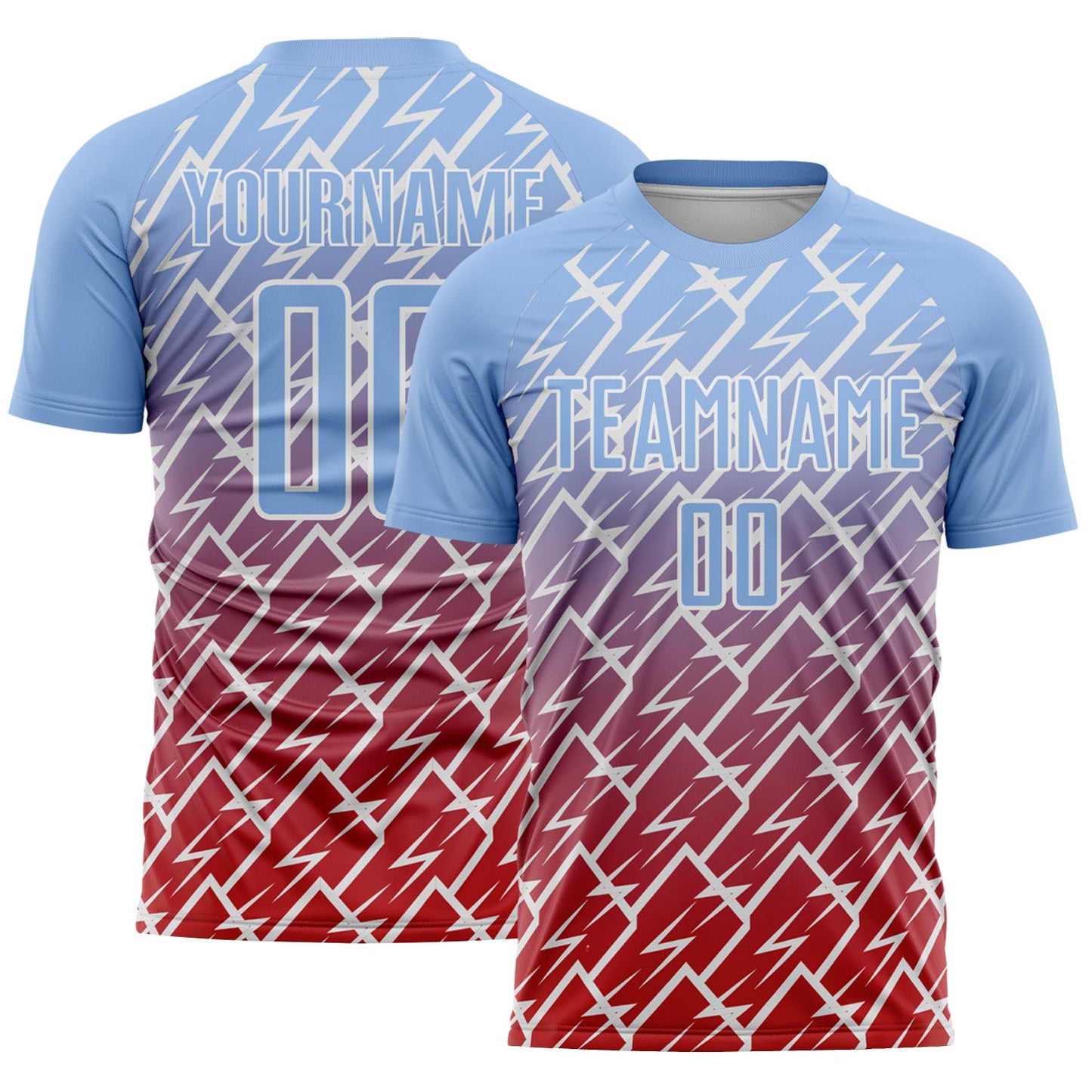 Custom Light Blue Red-White Lightning Sports Sublimation Soccer Uniform Jersey - Main View