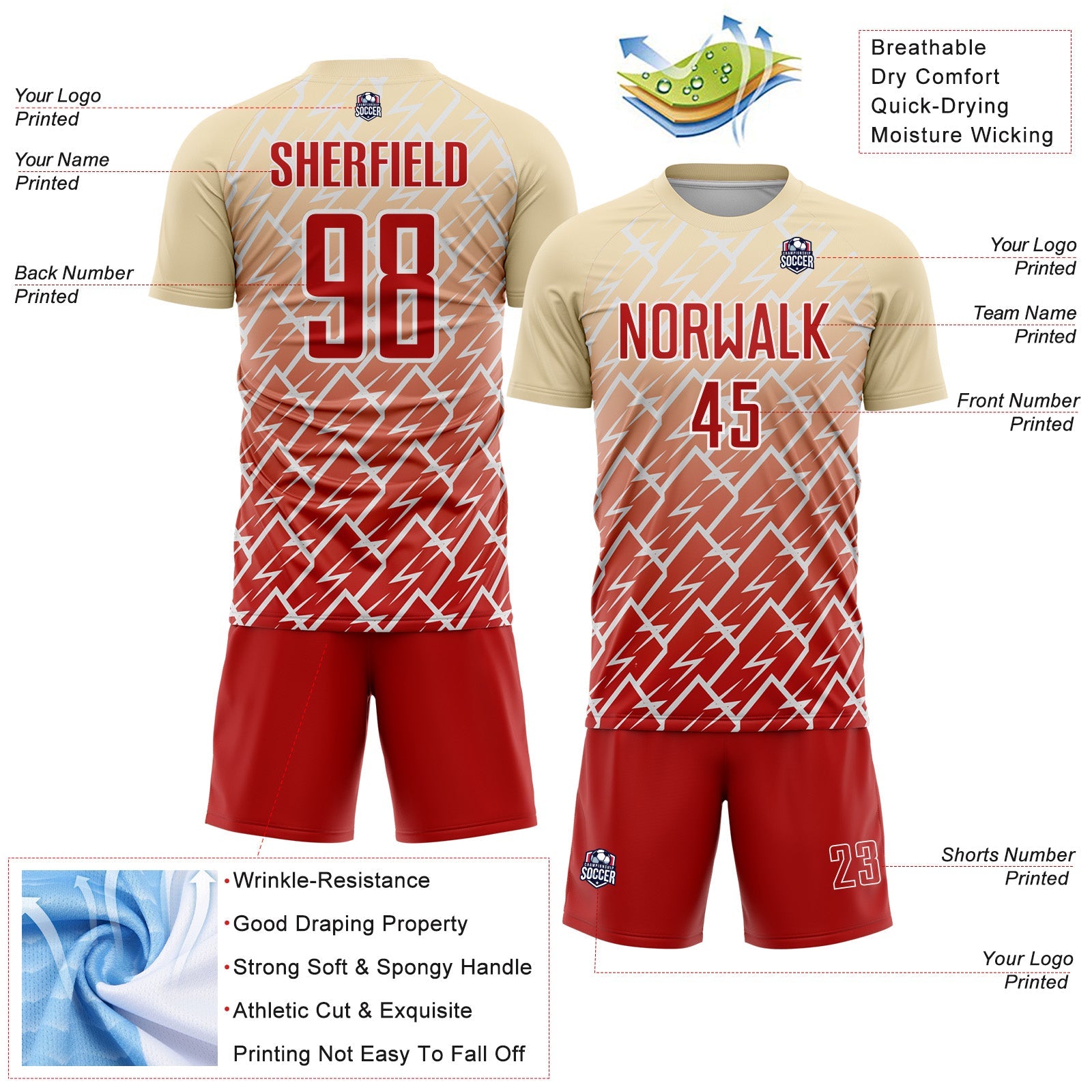 Custom Cream Red-White Lightning Sports Sublimation Soccer Uniform Jersey view 4