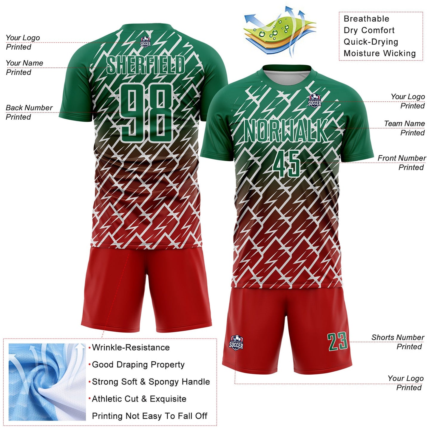 Custom Kelly Green Red-White Lightning Sports Sublimation Soccer Uniform Jersey view 4