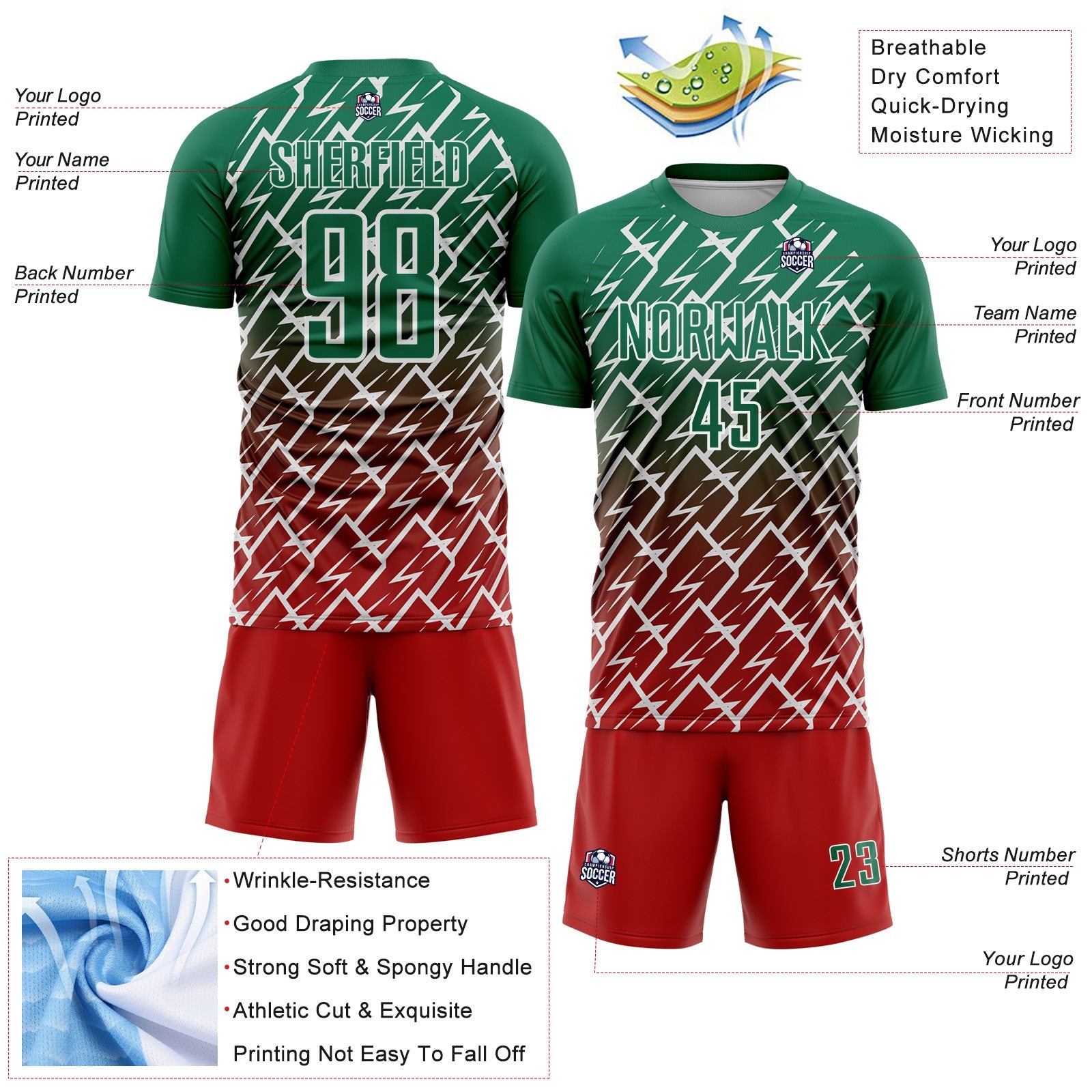 Custom Kelly Green Red-White Lightning Sports Sublimation Soccer Uniform Jersey view 4