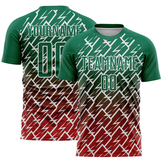 Custom Kelly Green Red-White Lightning Sports Sublimation Soccer Uniform Jersey - Main View