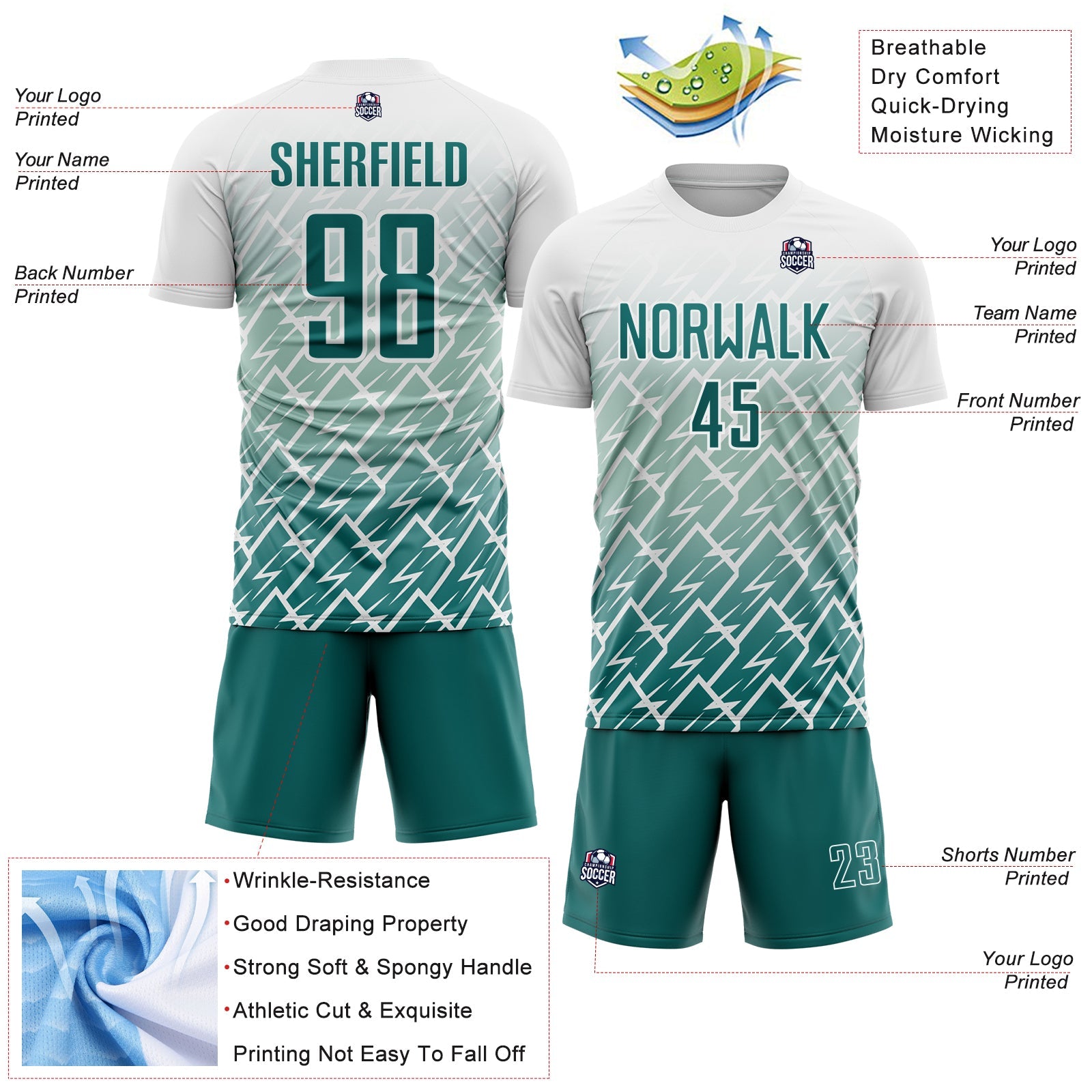 Custom White Teal Lightning Sports Sublimation Soccer Uniform Jersey view 4