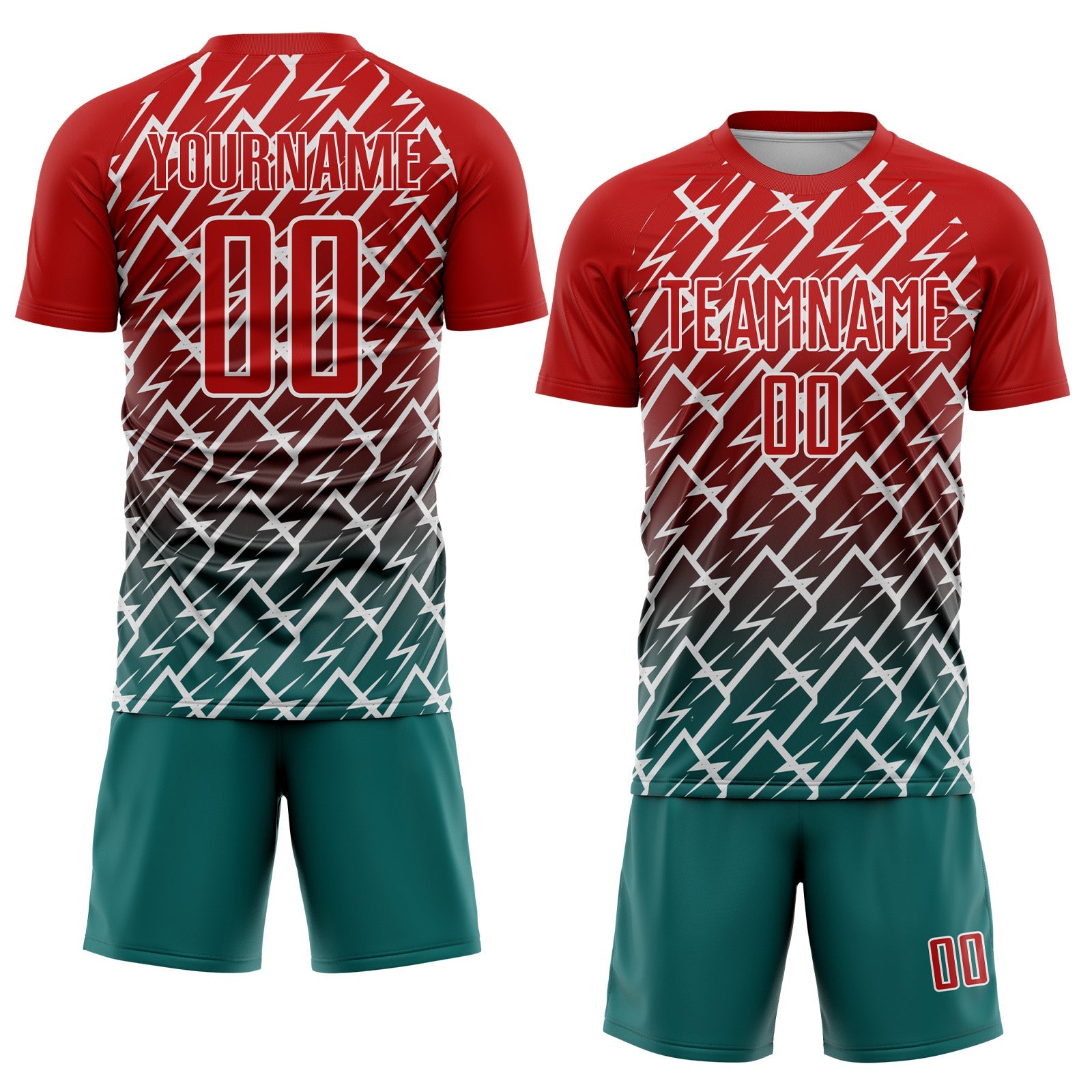 Custom Red Teal-White Lightning Sports Sublimation Soccer Uniform Jersey view 2