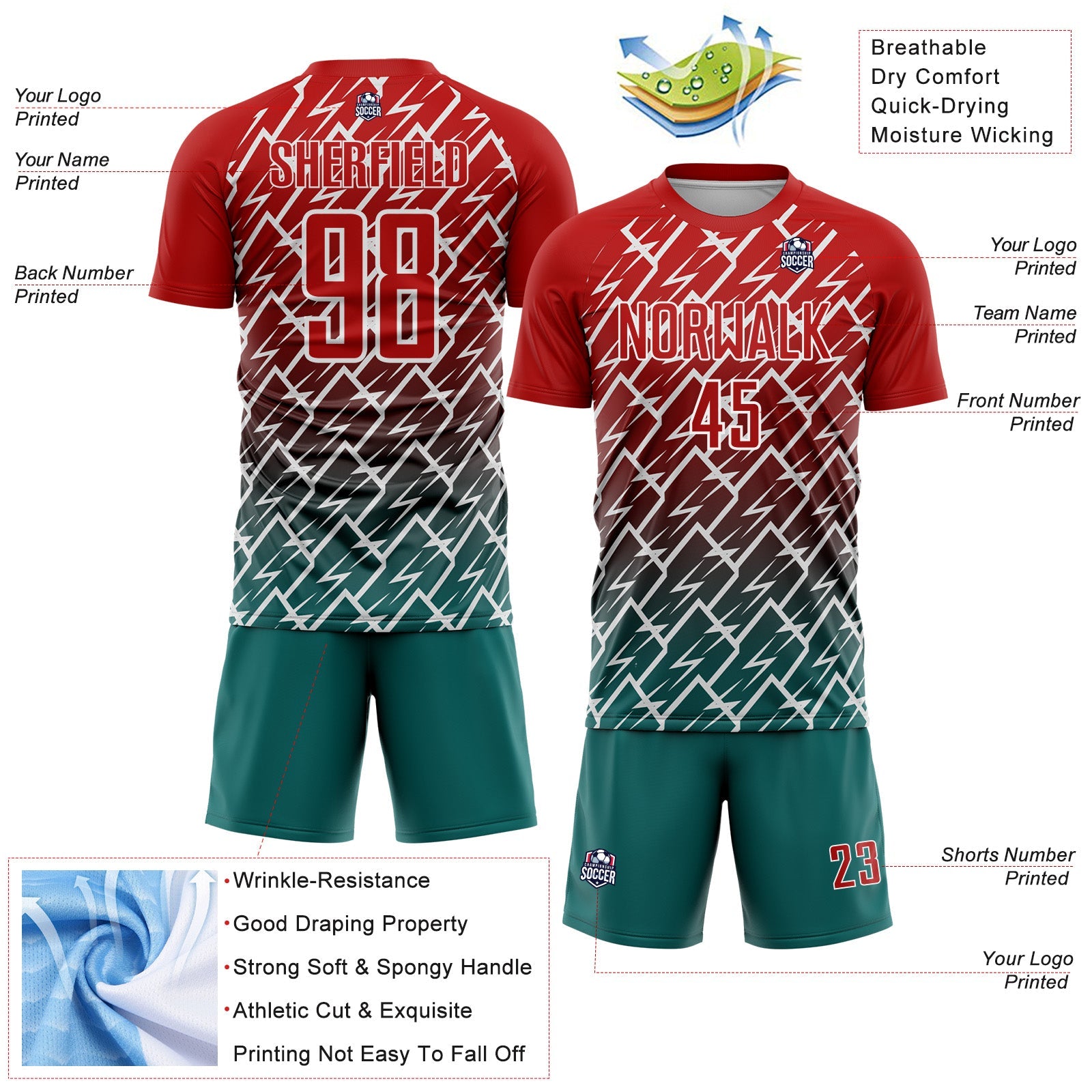Custom Red Teal-White Lightning Sports Sublimation Soccer Uniform Jersey view 4