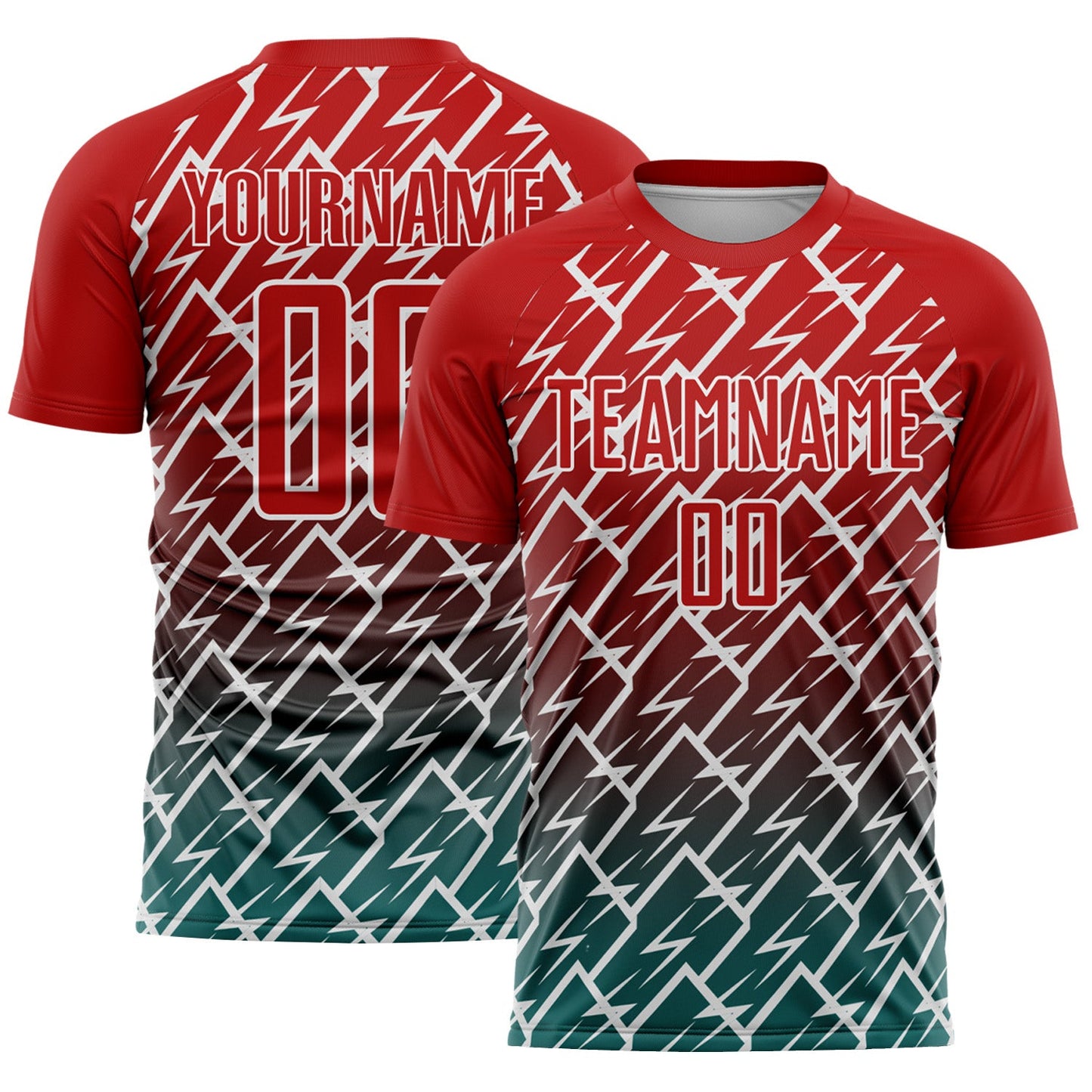 Custom Red Teal-White Lightning Sports Sublimation Soccer Uniform Jersey - Main View