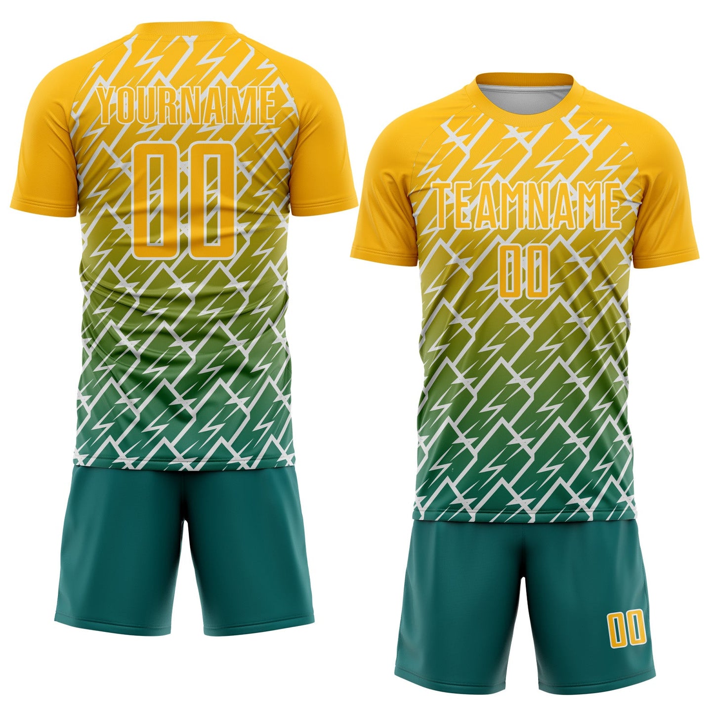 Custom Gold Teal-White Lightning Sports Sublimation Soccer Uniform Jersey view 2