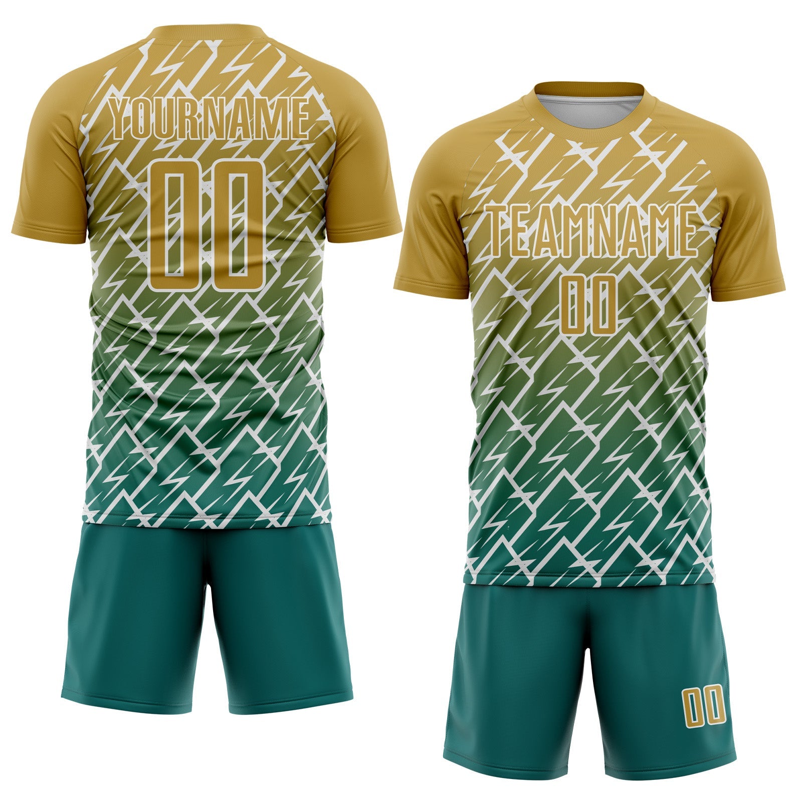 Custom Old Gold Teal-White Lightning Sports Sublimation Soccer Uniform Jersey view 2
