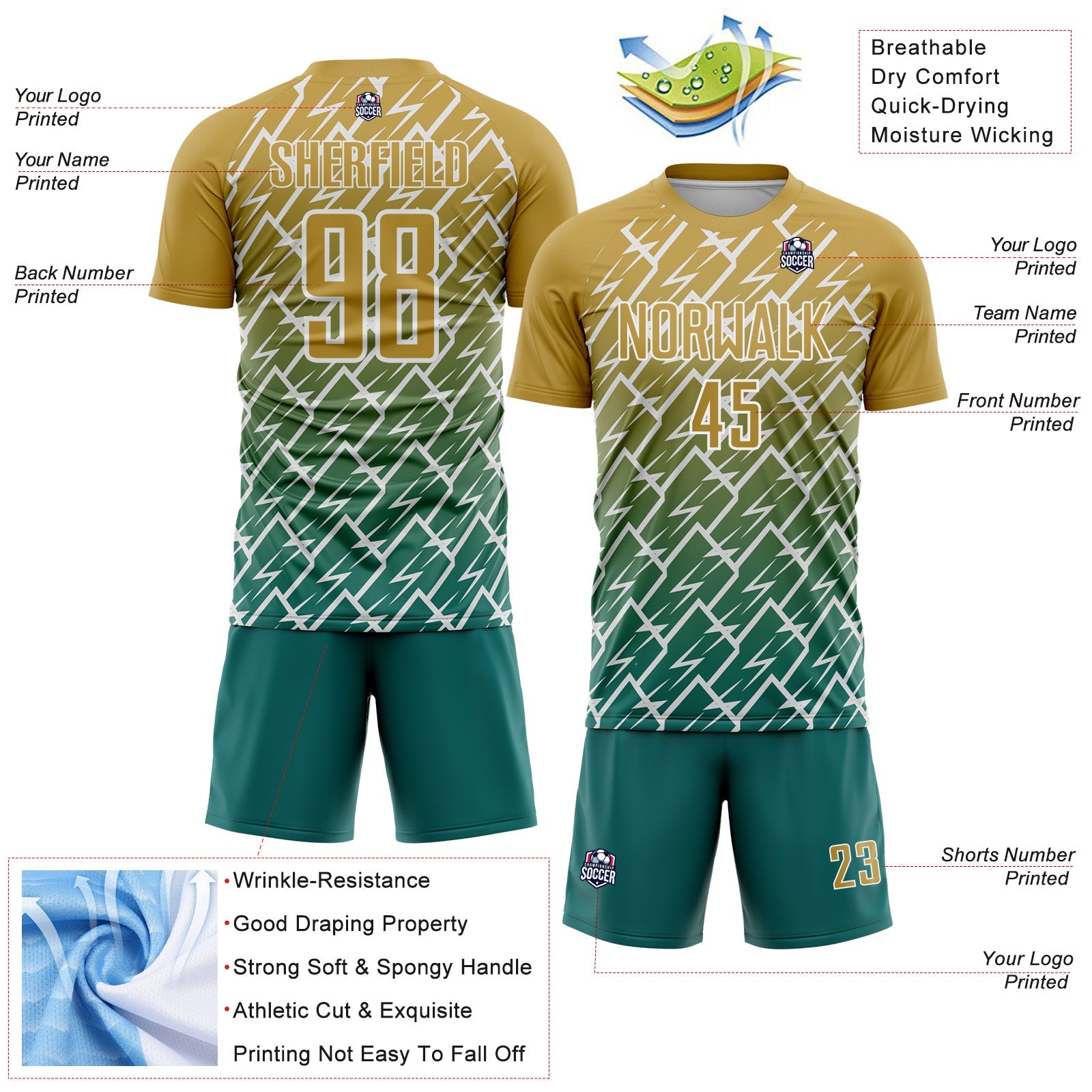 Custom Old Gold Teal-White Lightning Sports Sublimation Soccer Uniform Jersey view 4