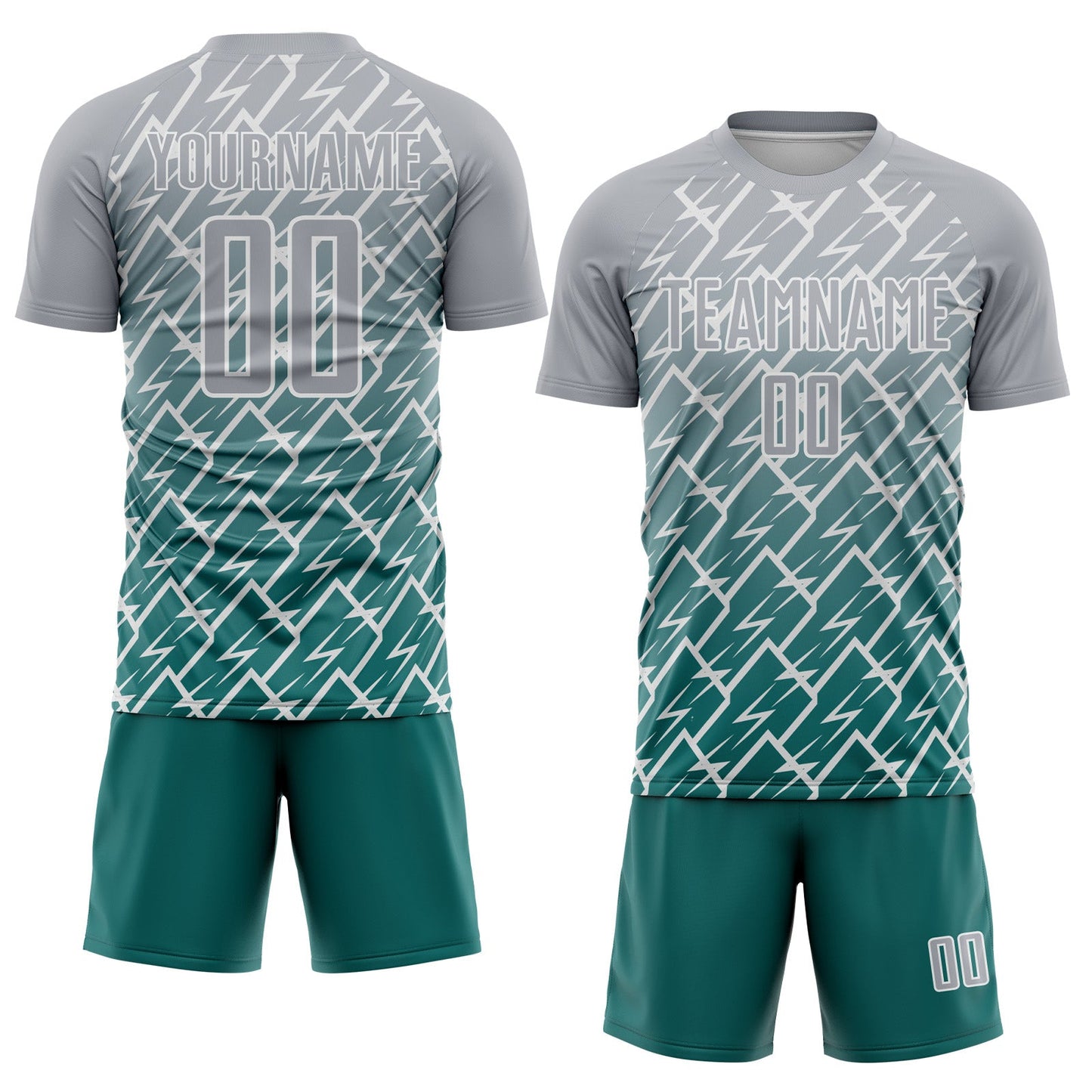 Custom Gray Teal-White Lightning Sports Sublimation Soccer Uniform Jersey view 2