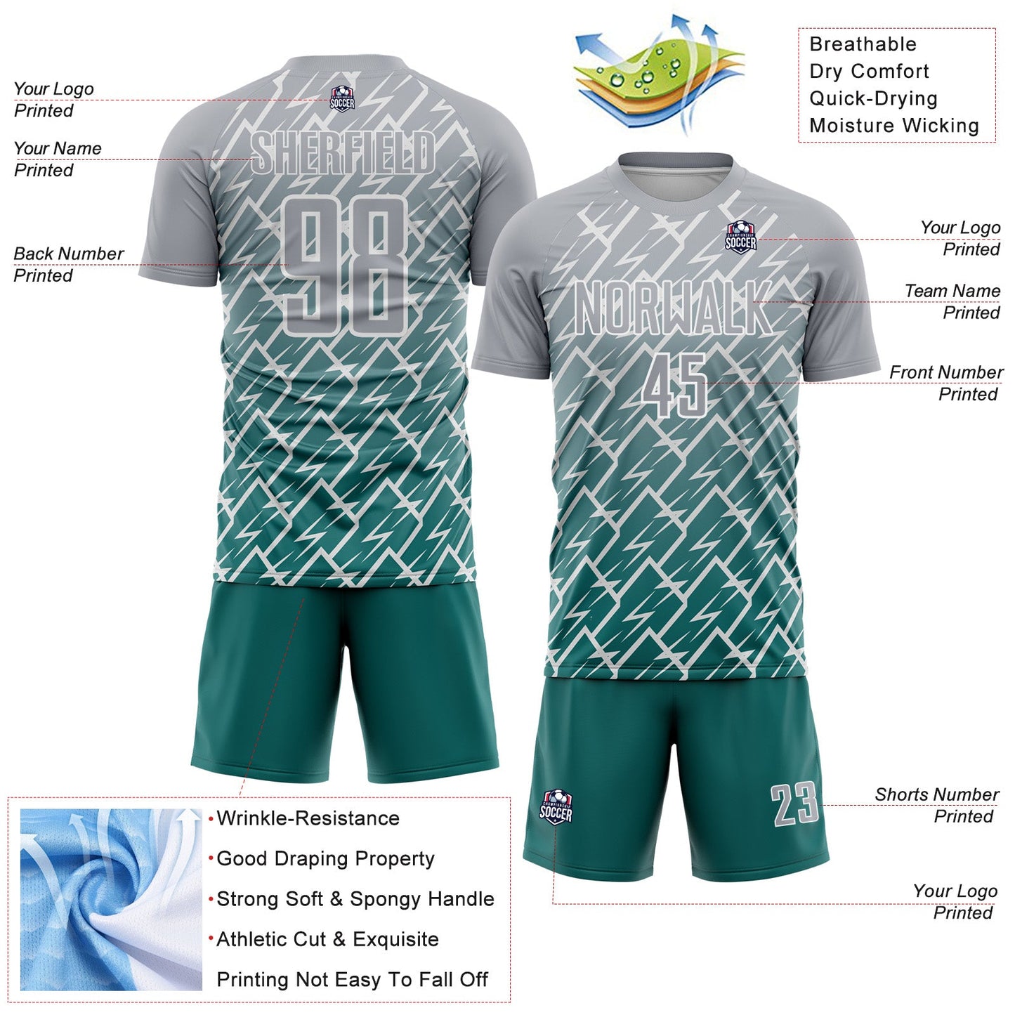 Custom Gray Teal-White Lightning Sports Sublimation Soccer Uniform Jersey view 4