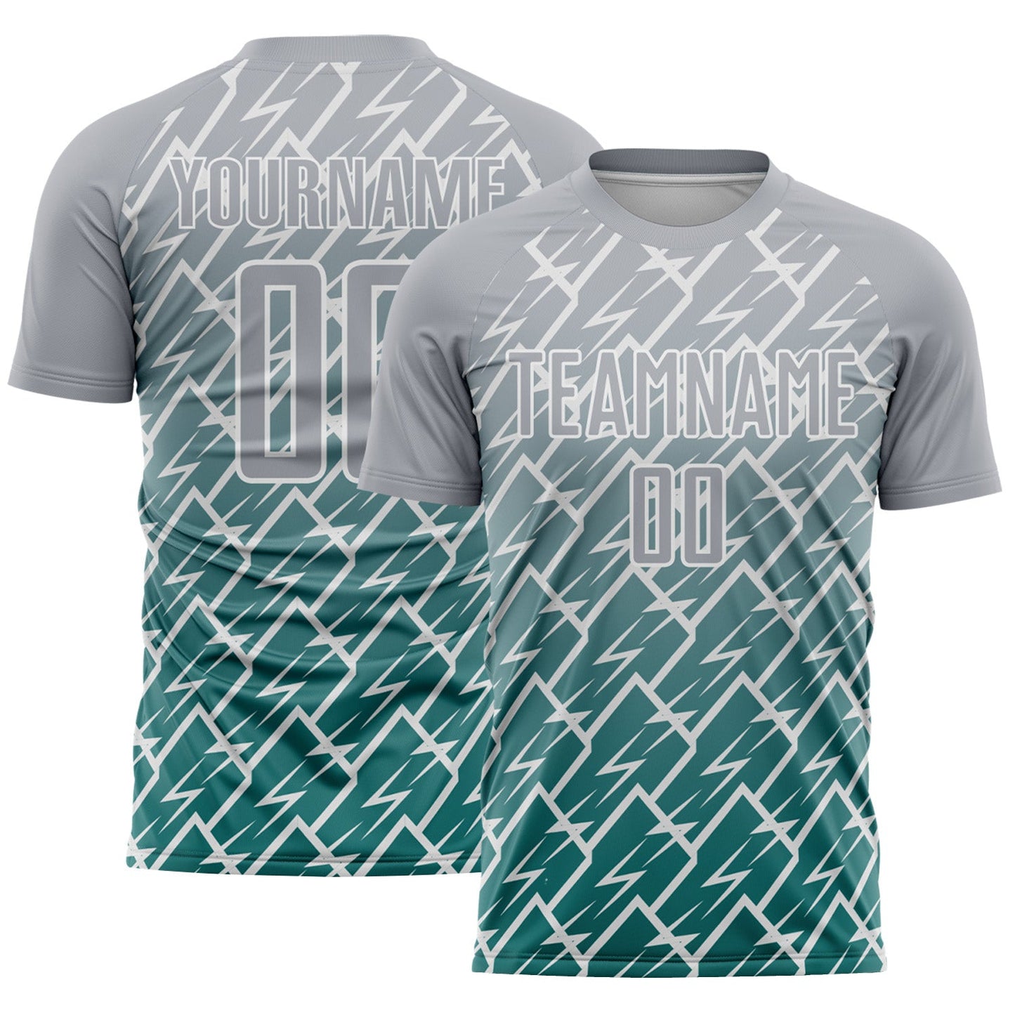 Custom Gray Teal-White Lightning Sports Sublimation Soccer Uniform Jersey - Main View