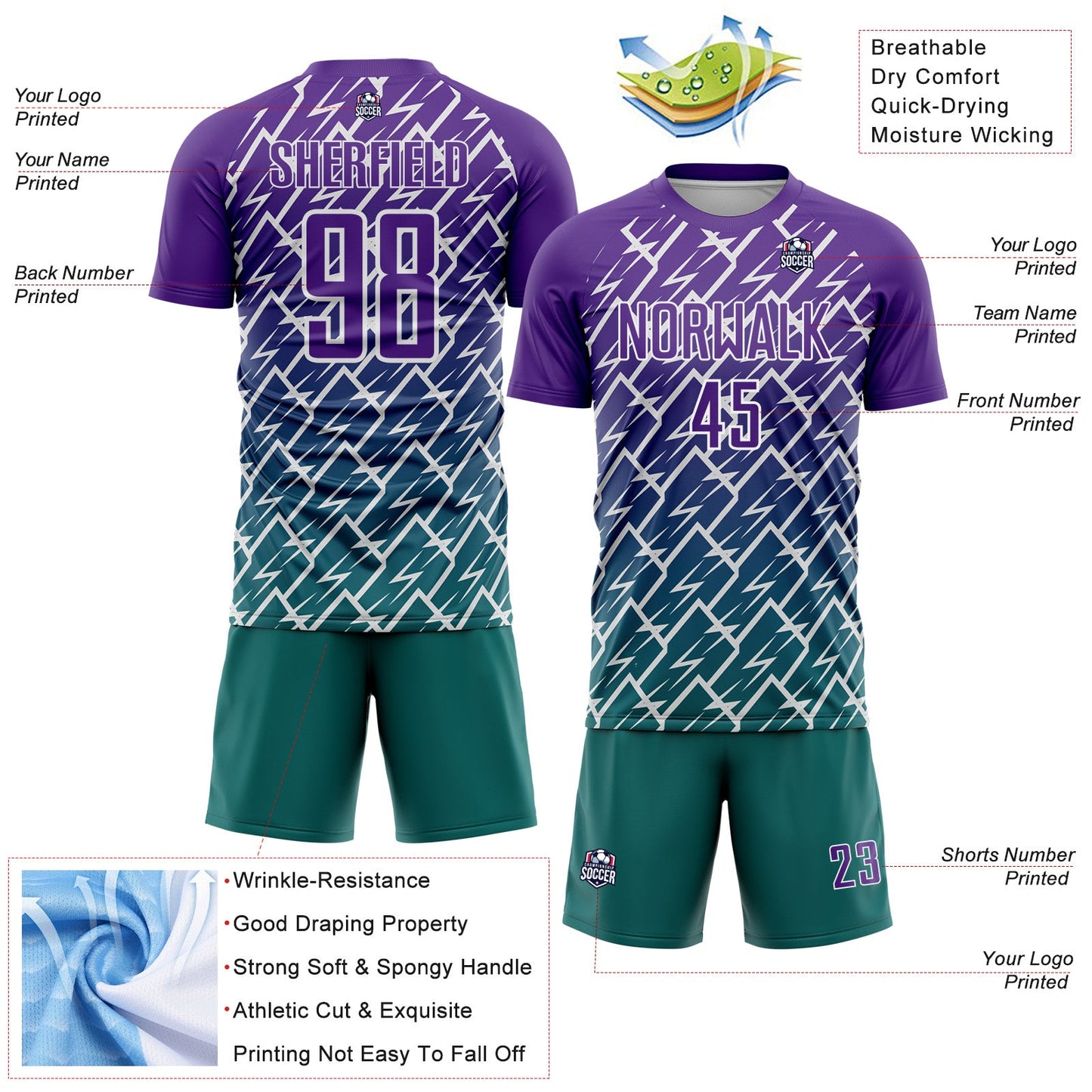 Custom Purple Teal-White Lightning Sports Sublimation Soccer Uniform Jersey view 4