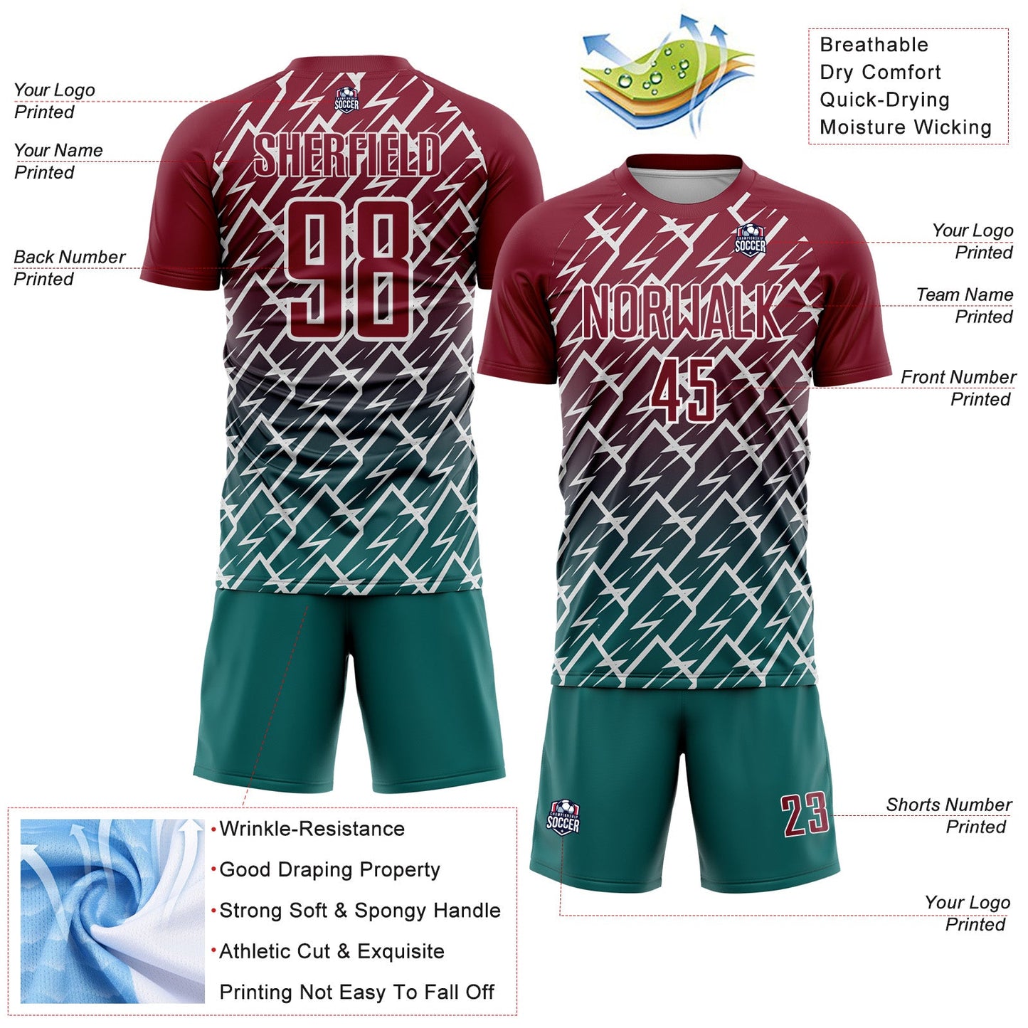 Custom Crimson Teal-White Lightning Sports Sublimation Soccer Uniform Jersey view 4