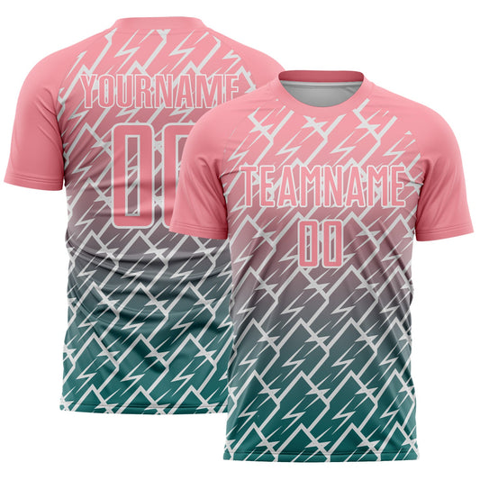 Custom Medium Pink Teal-White Lightning Sports Sublimation Soccer Uniform Jersey - Main View