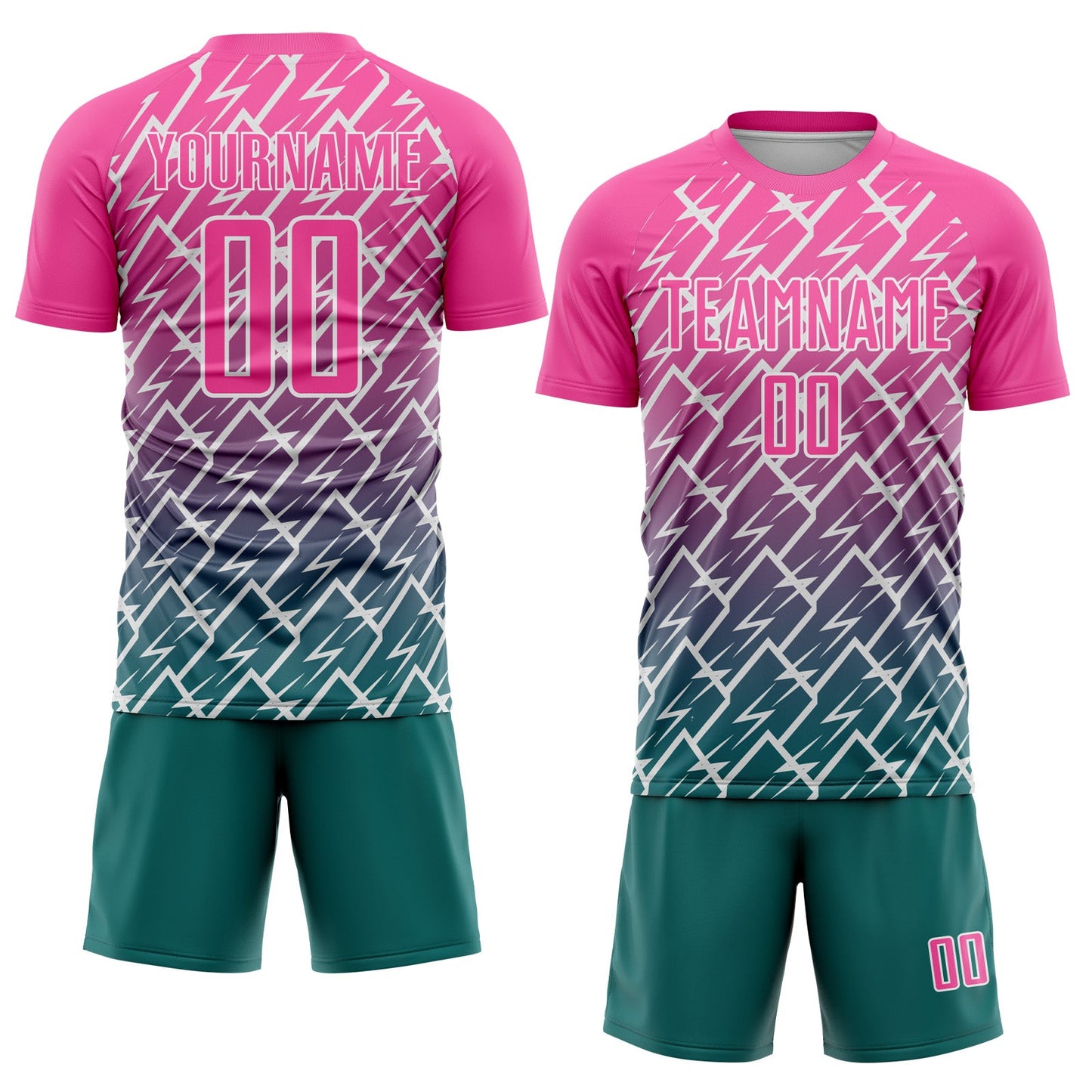 Custom Pink Teal-White Lightning Sports Sublimation Soccer Uniform Jersey view 2