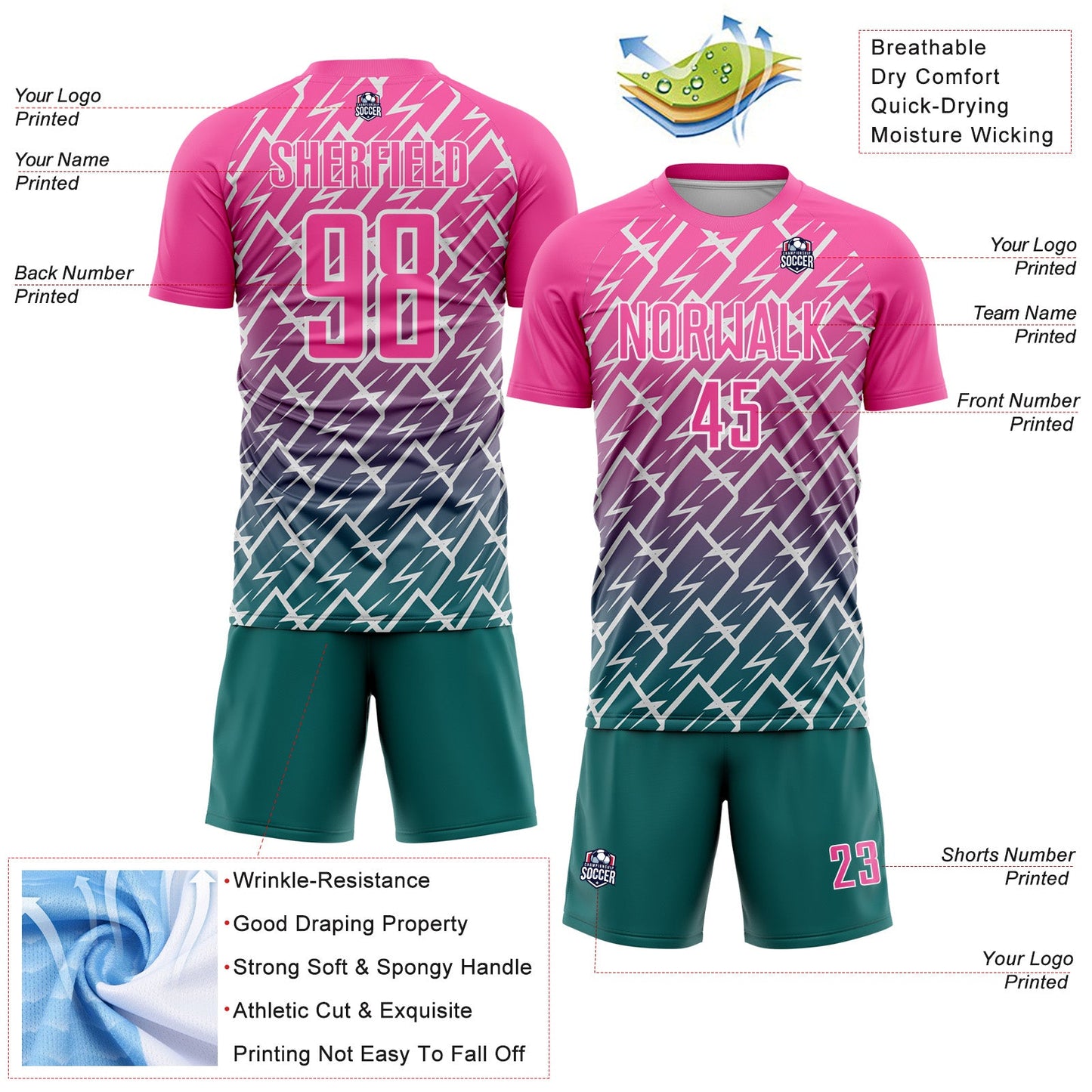 Custom Pink Teal-White Lightning Sports Sublimation Soccer Uniform Jersey view 4