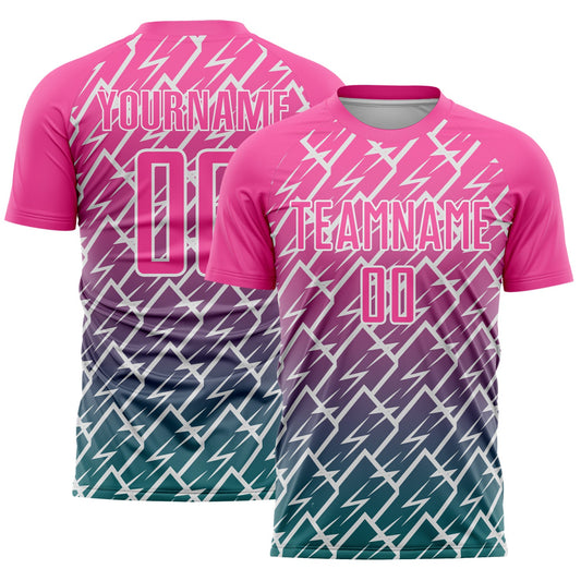 Custom Pink Teal-White Lightning Sports Sublimation Soccer Uniform Jersey - Main View