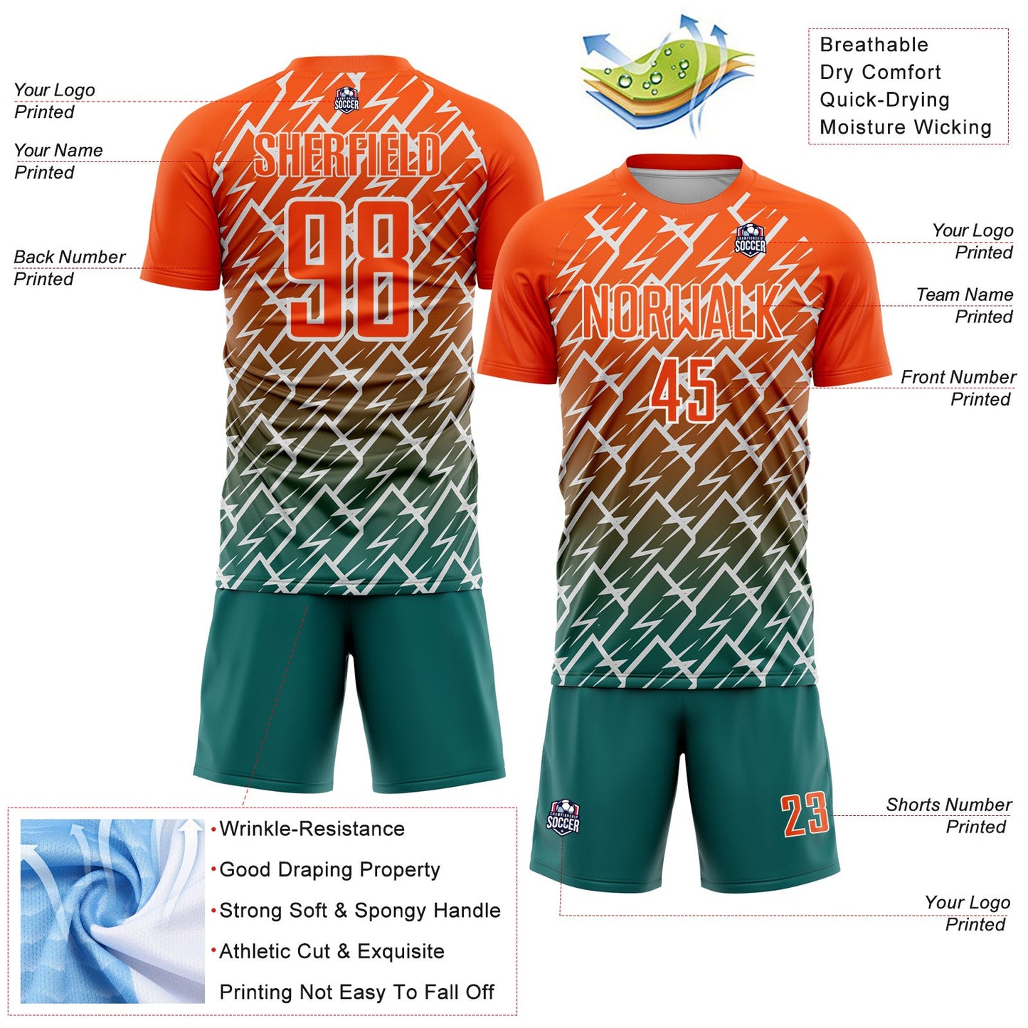 Custom Orange Teal-White Lightning Sports Sublimation Soccer Uniform Jersey view 4