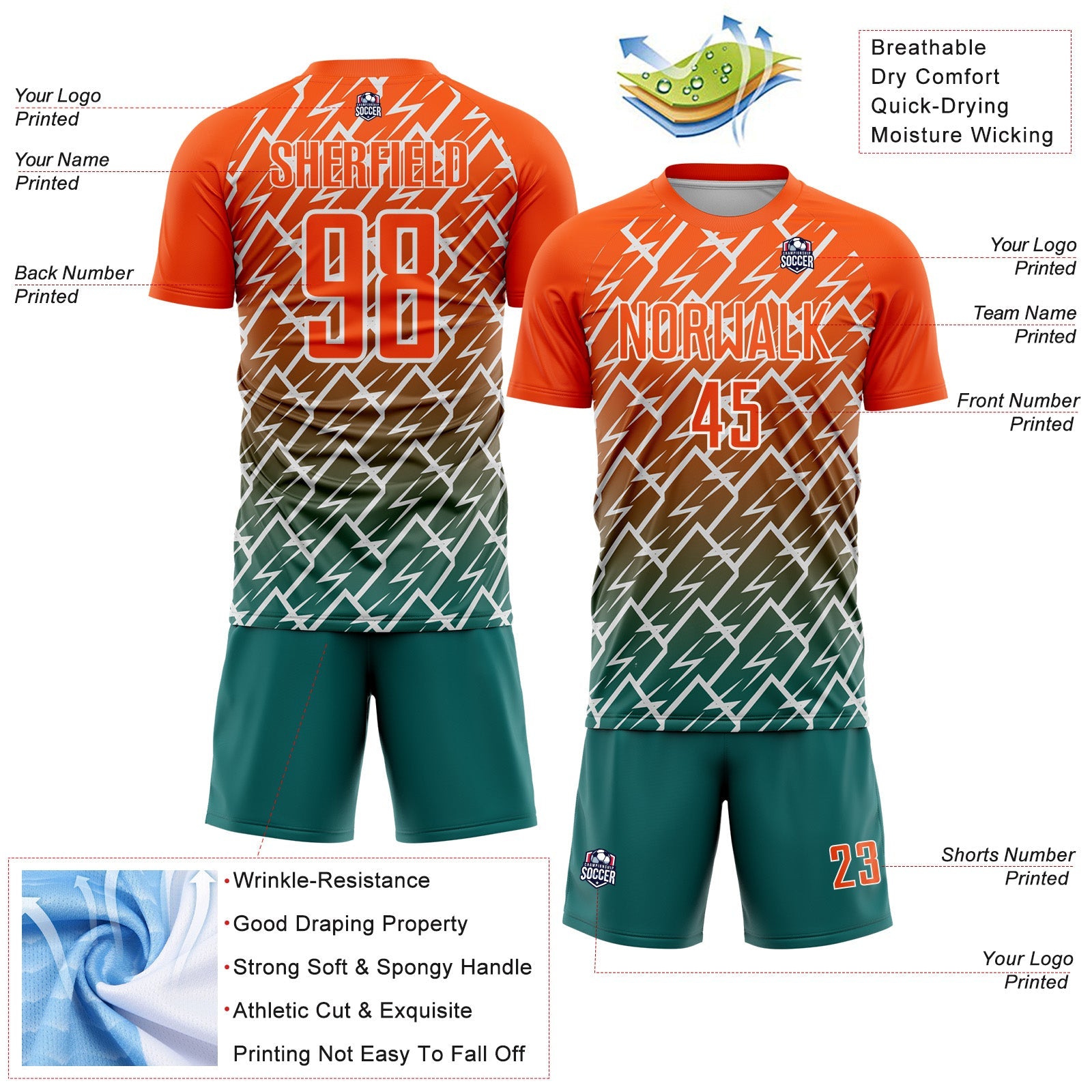 Custom Orange Teal-White Lightning Sports Sublimation Soccer Uniform Jersey view 4