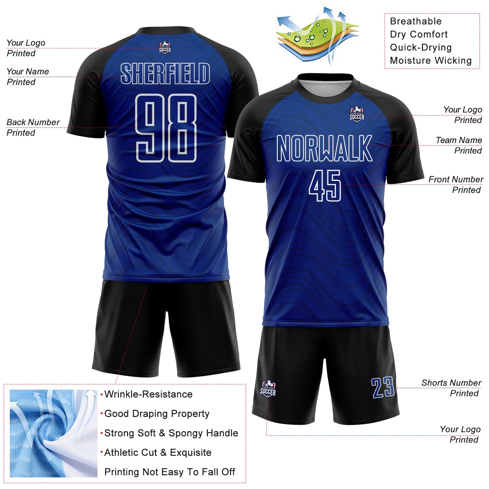 Custom Royal Black-White Wavy Lines Sports Sublimation Soccer Uniform Jersey view 4