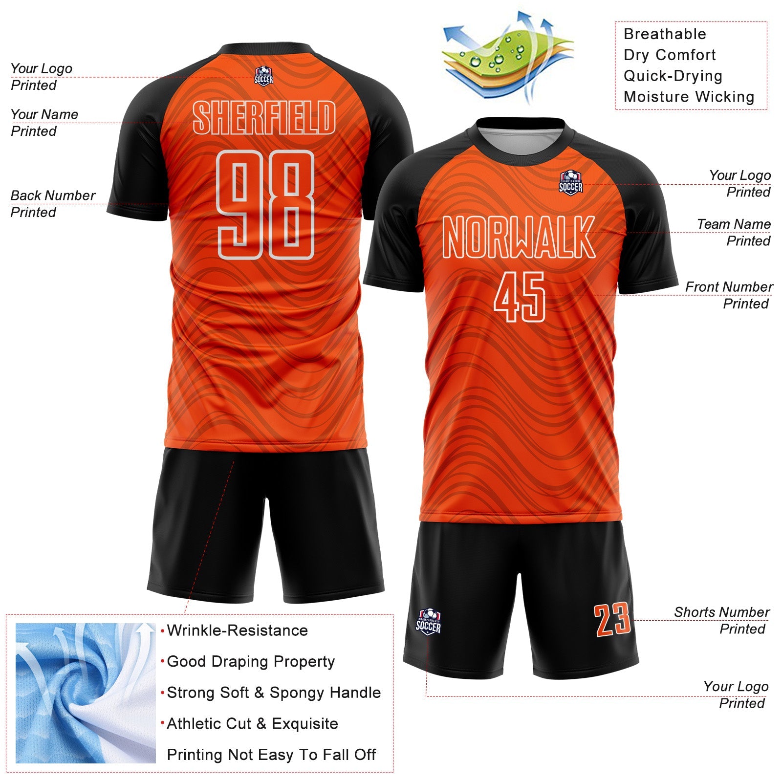 Custom Orange Black-White Wavy Lines Sports Sublimation Soccer Uniform Jersey view 4