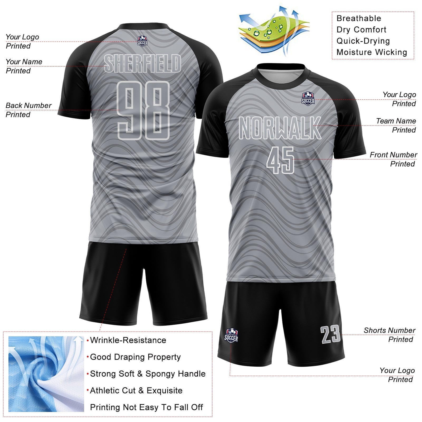 Custom Gray Black-White Wavy Lines Sports Sublimation Soccer Uniform Jersey view 4