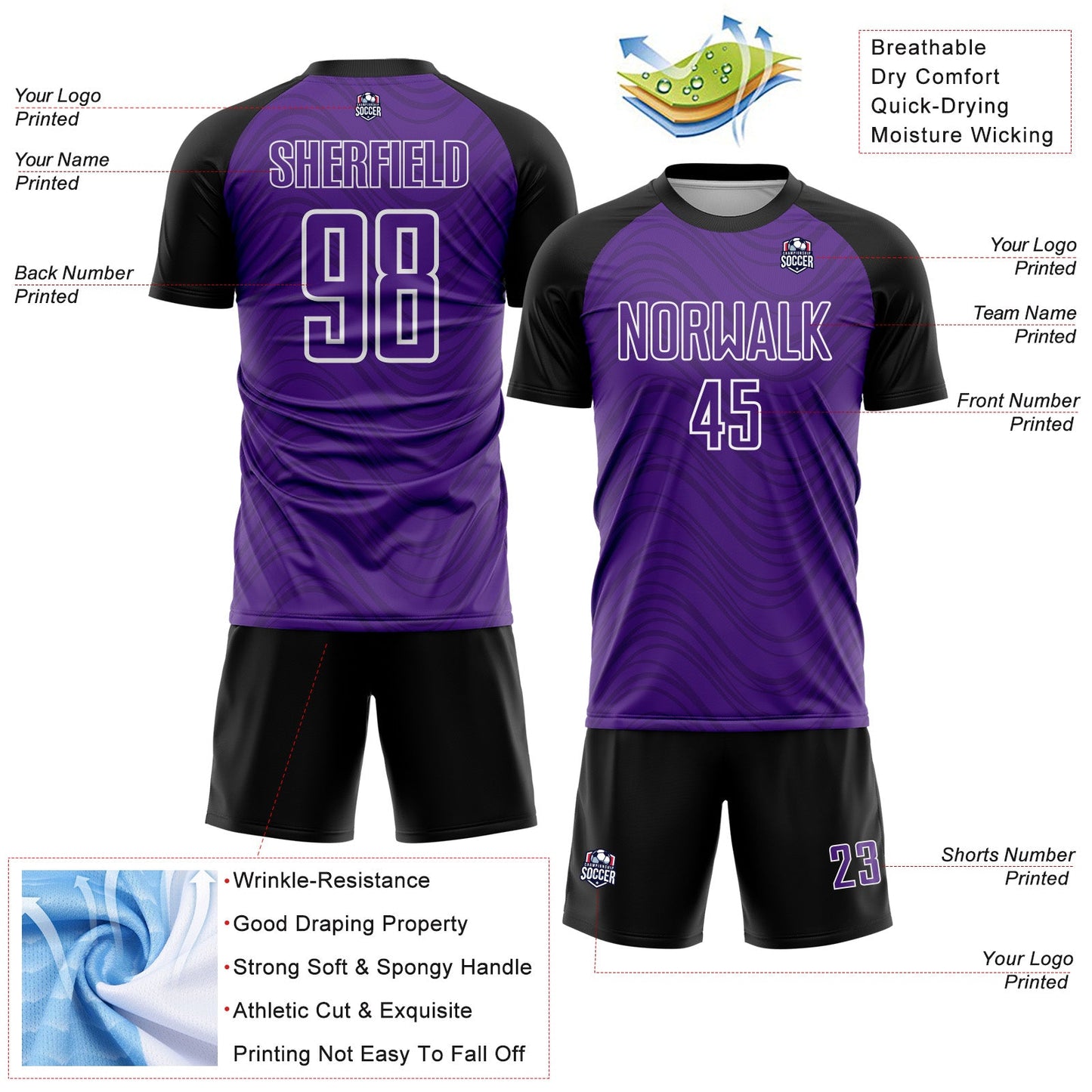 Custom Purple Black-White Wavy Lines Sports Sublimation Soccer Uniform Jersey view 4
