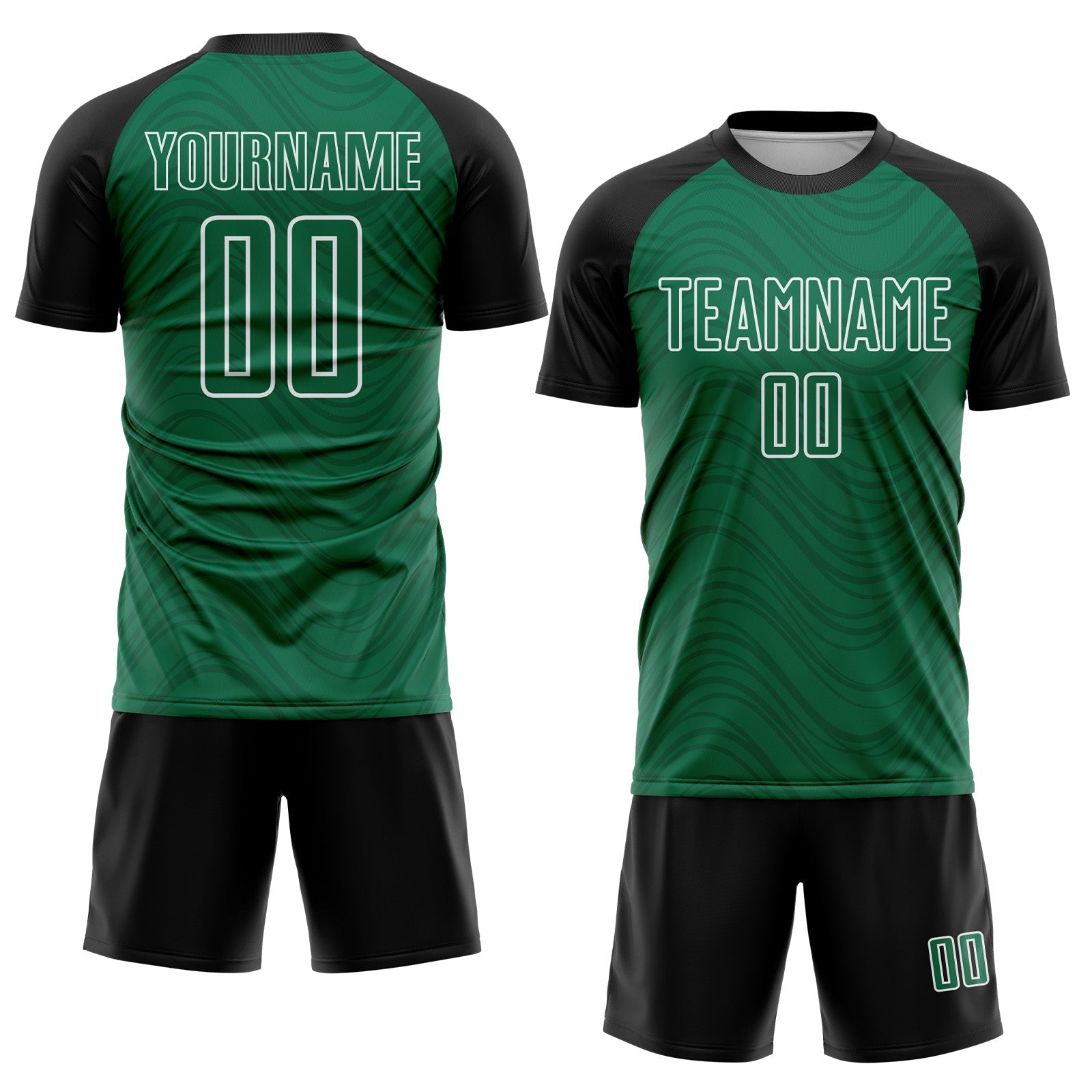 Custom Kelly Green Black-White Wavy Lines Sports Sublimation Soccer Uniform Jersey view 2
