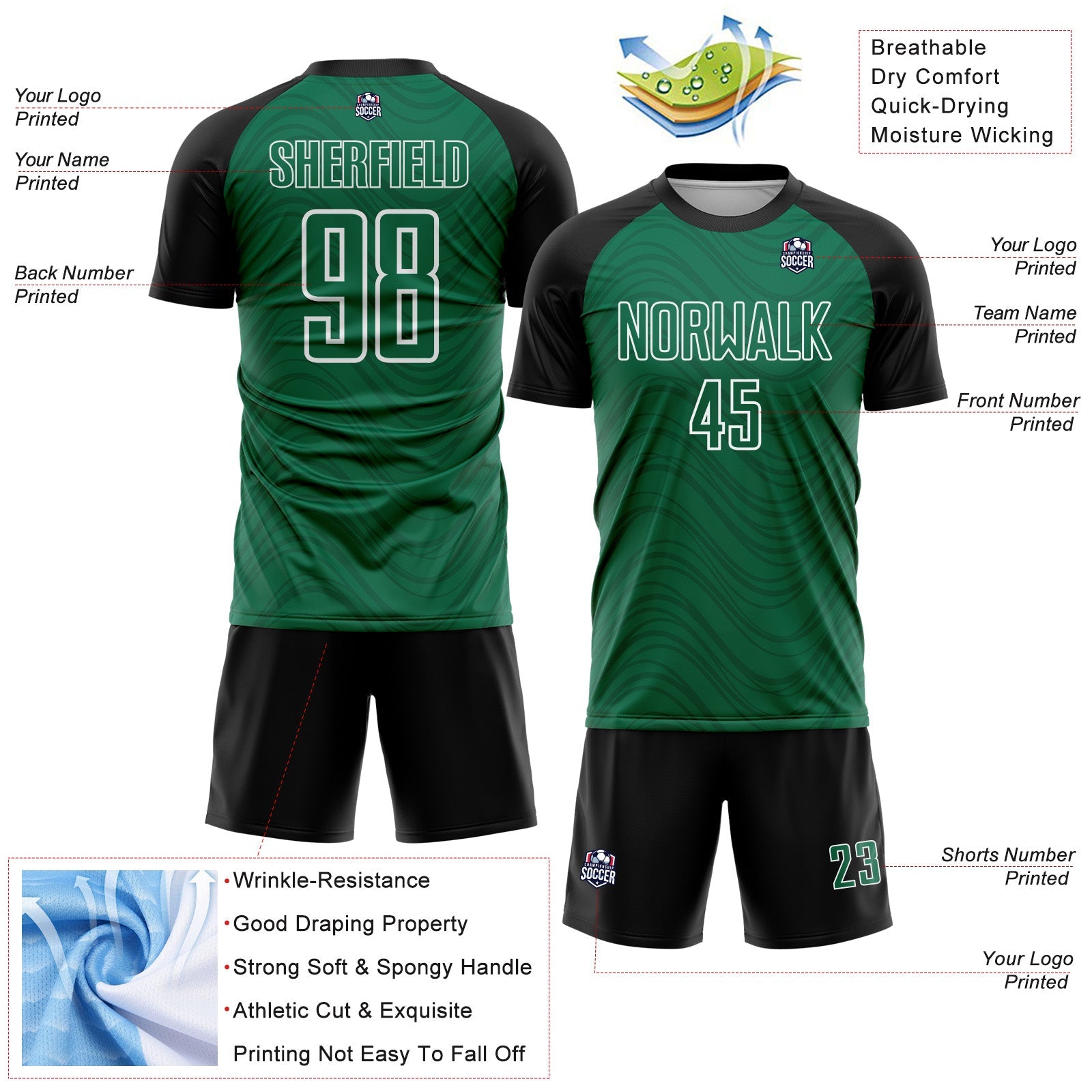 Custom Kelly Green Black-White Wavy Lines Sports Sublimation Soccer Uniform Jersey view 4