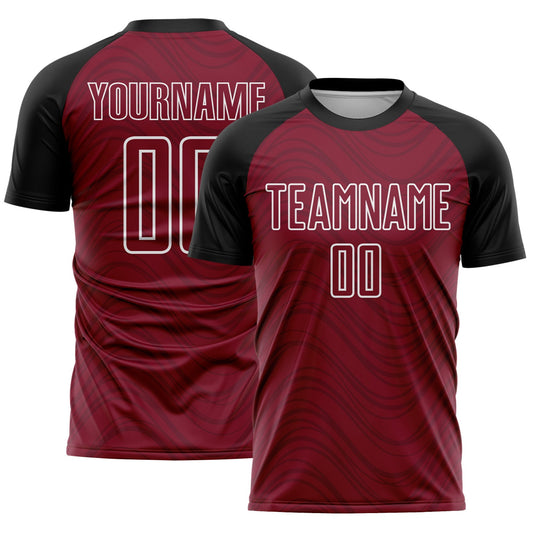 Custom Crimson Black-White Wavy Lines Sports Sublimation Soccer Uniform Jersey - Main View