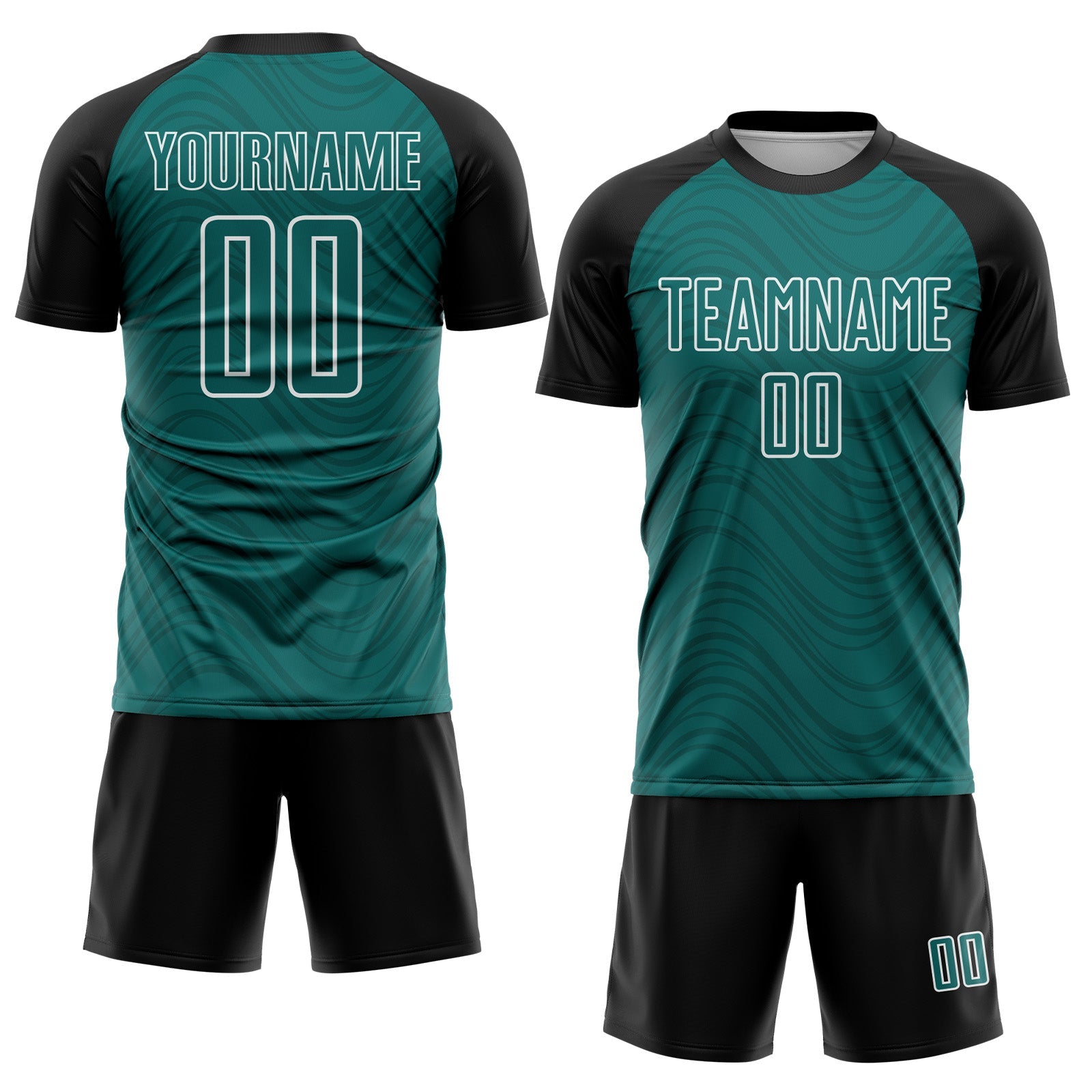 Custom Teal Black-White Wavy Lines Sports Sublimation Soccer Uniform Jersey view 2