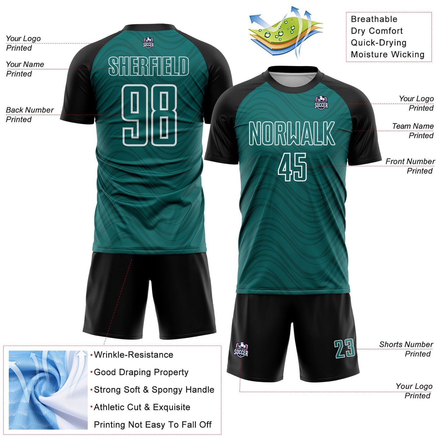 Custom Teal Black-White Wavy Lines Sports Sublimation Soccer Uniform Jersey view 4