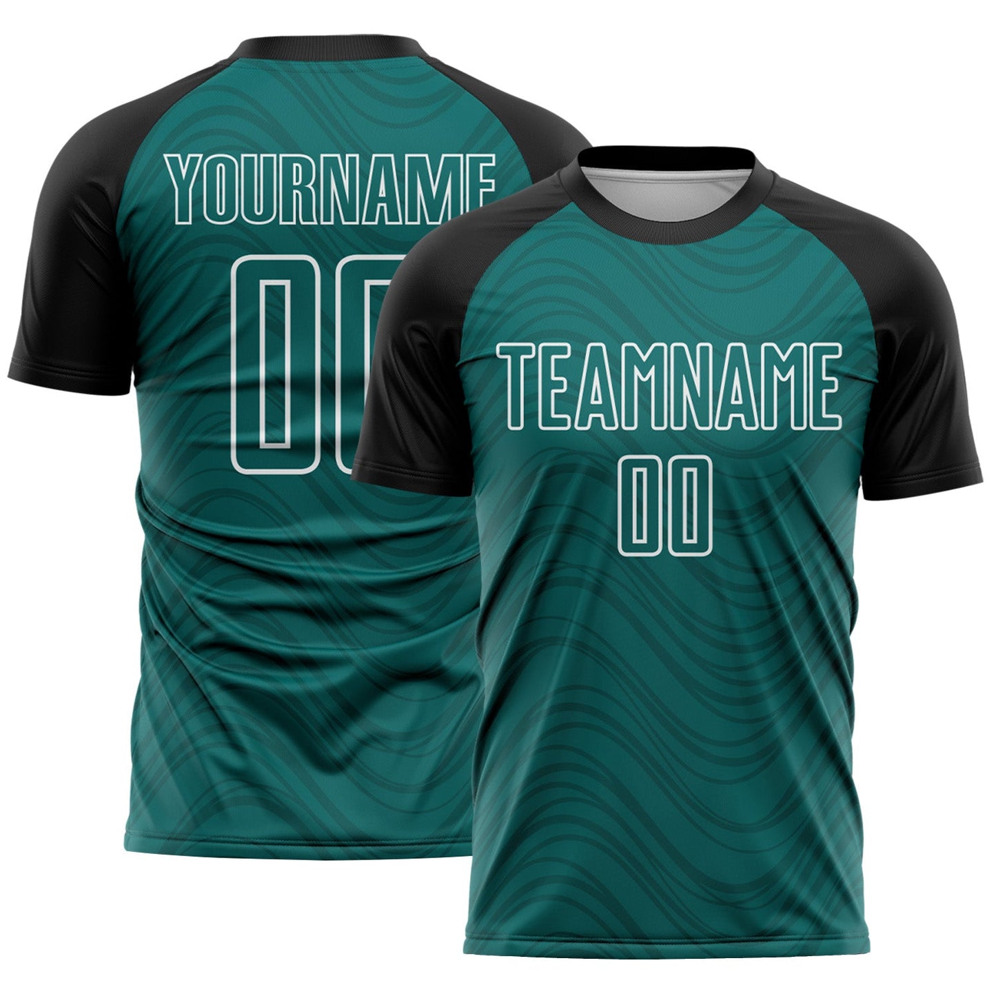 Custom Teal Black-White Wavy Lines Sports Sublimation Soccer Uniform Jersey - Main View