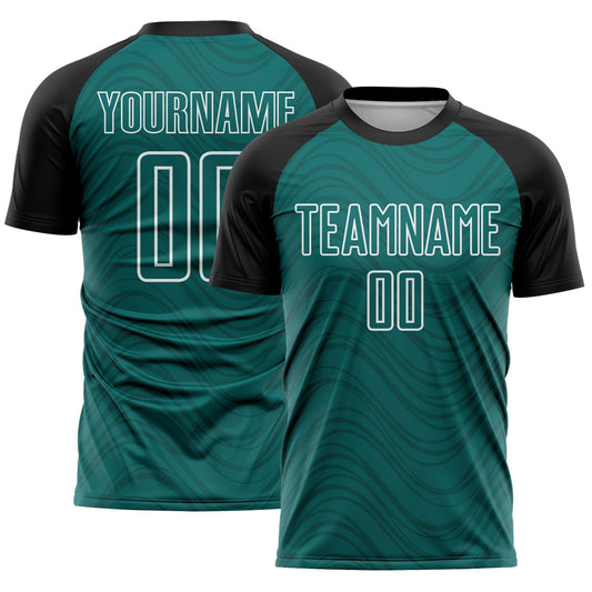Custom Teal Black-White Wavy Lines Sports Sublimation Soccer Uniform Jersey - Main View