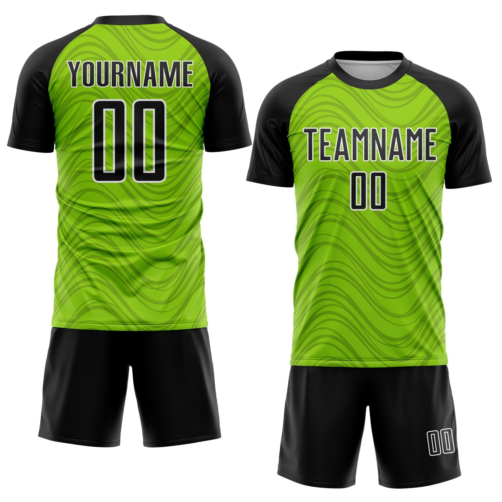 Custom Neon Green Black-White Wavy Lines Sports Sublimation Soccer Uniform Jersey view 2