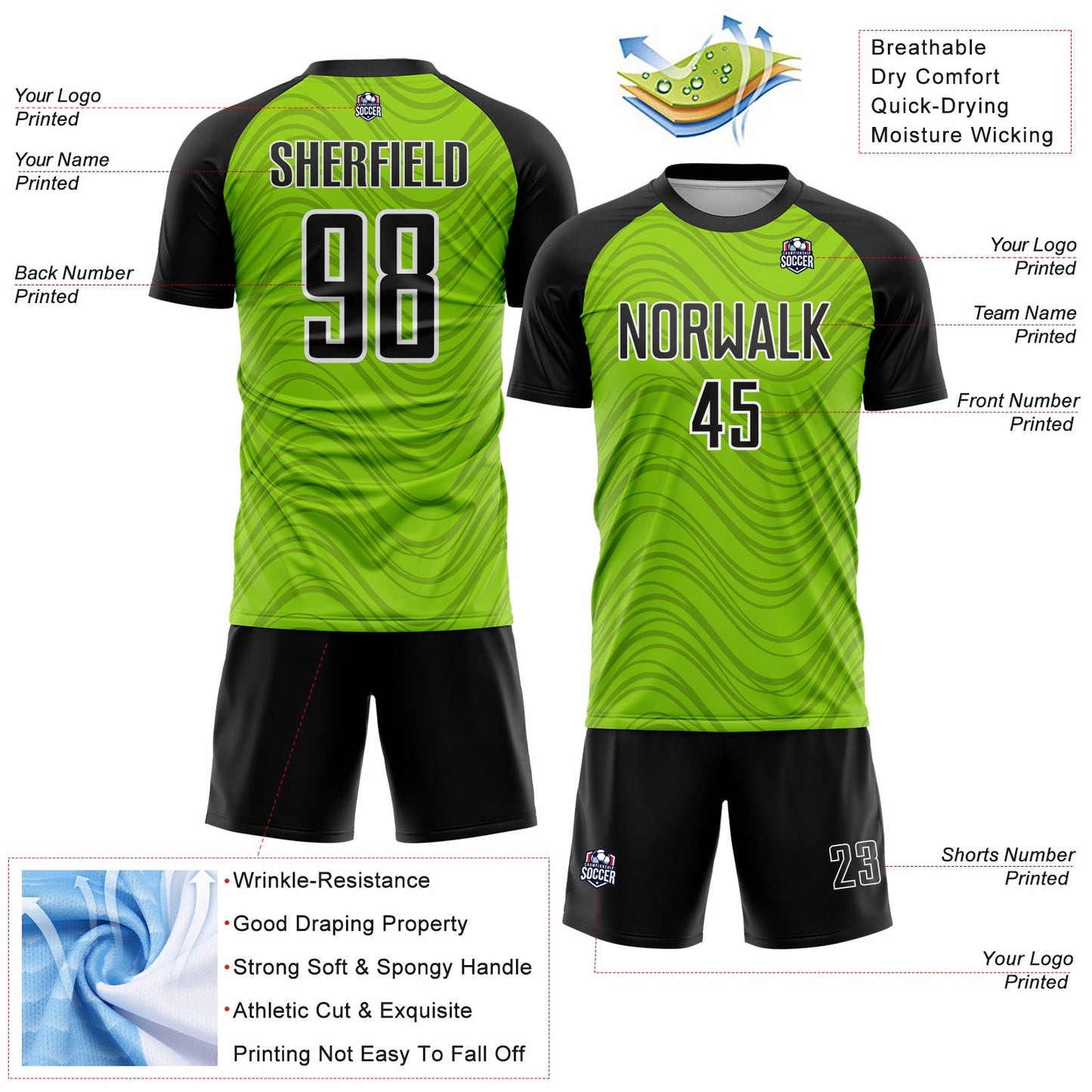 Custom Neon Green Black-White Wavy Lines Sports Sublimation Soccer Uniform Jersey view 4
