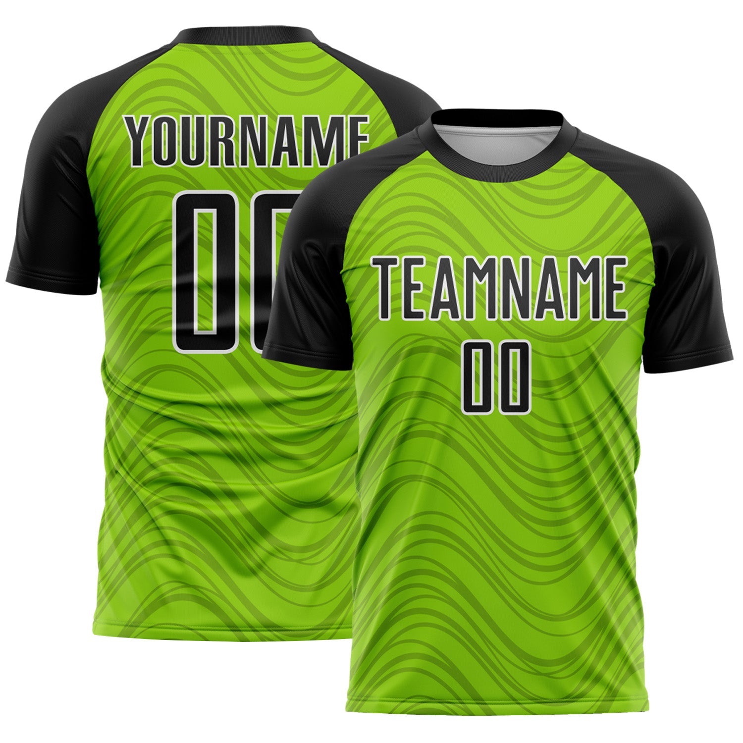 Custom Neon Green Black-White Wavy Lines Sports Sublimation Soccer Uniform Jersey - Main View