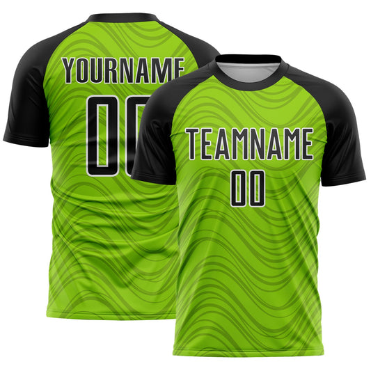 Custom Neon Green Black-White Wavy Lines Sports Sublimation Soccer Uniform Jersey - Main View